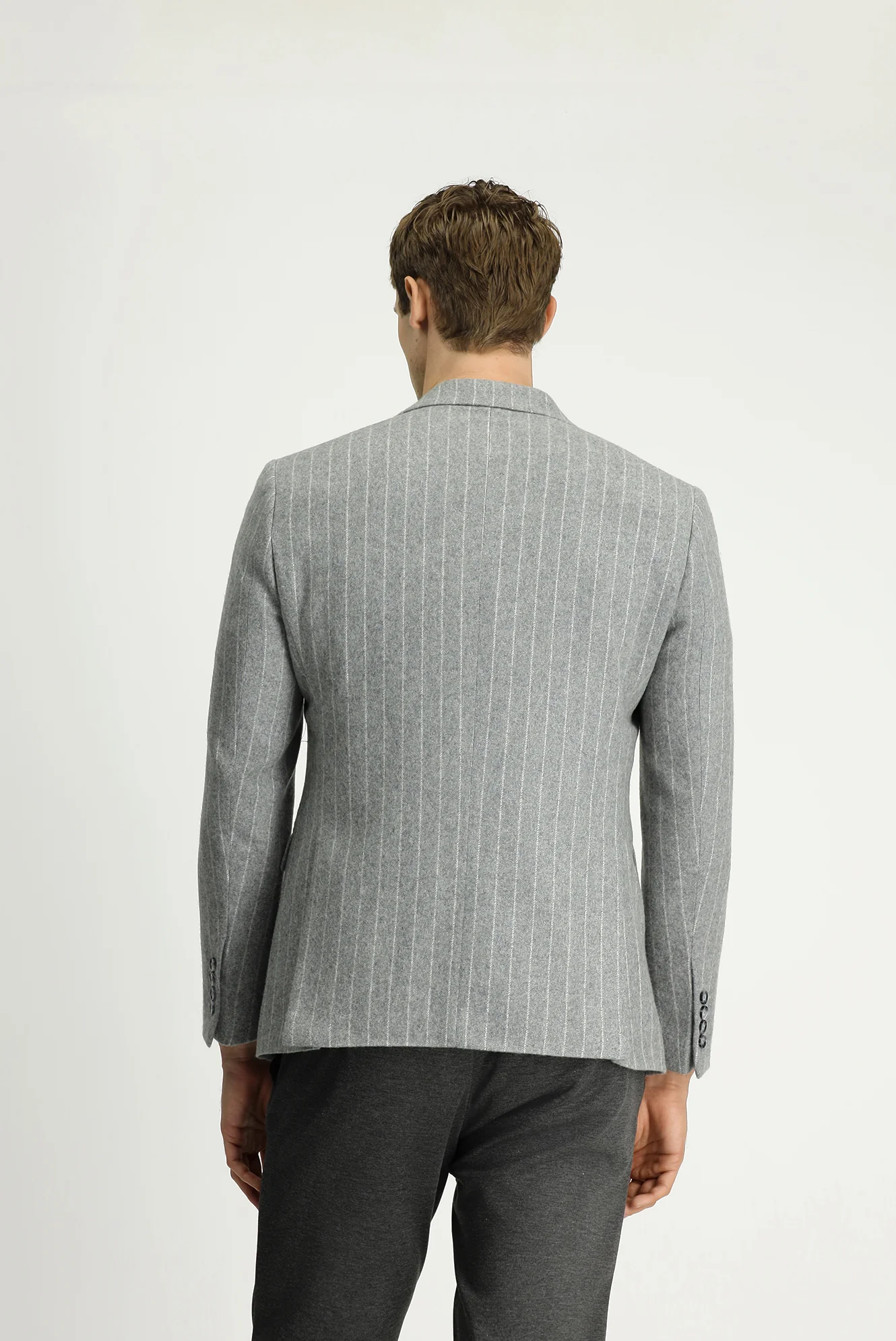 Orta Gri Melanj 7 Drop Slim Fit Dar Kesim Yünlü Çizgili Klasik Ceket - Image 5