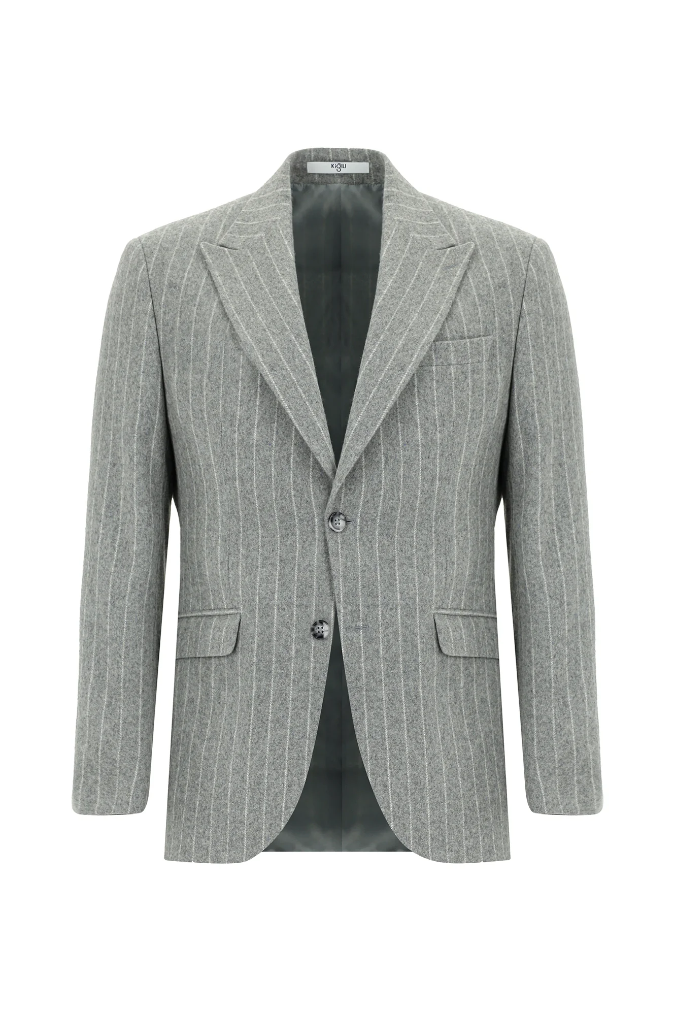 Orta Gri Melanj 7 Drop Slim Fit Dar Kesim Yünlü Çizgili Klasik Ceket - Image 6