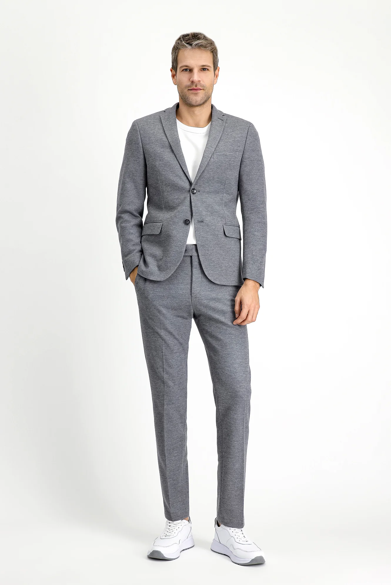 Orta Gri Melanj 7 Drop Super Slim Fit Eksra Dar Kesim Klasik Desenli Pamuklu Örme Ceket - Image 3