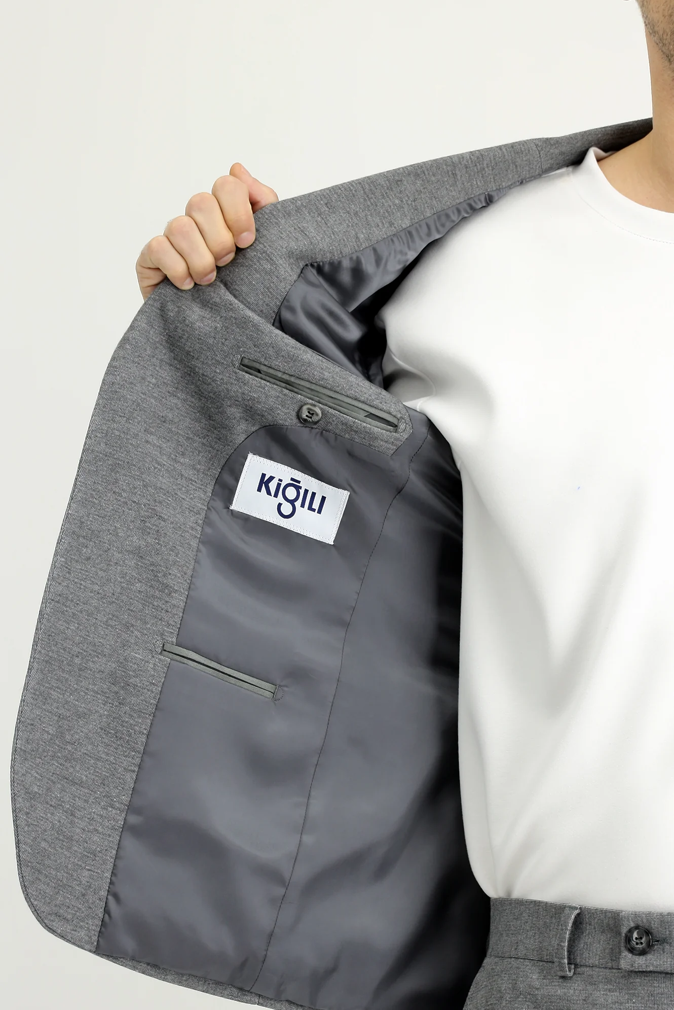 Orta Gri Melanj 7 Drop Super Slim Fit Eksra Dar Kesim Klasik Desenli Pamuklu Örme Ceket - Image 5