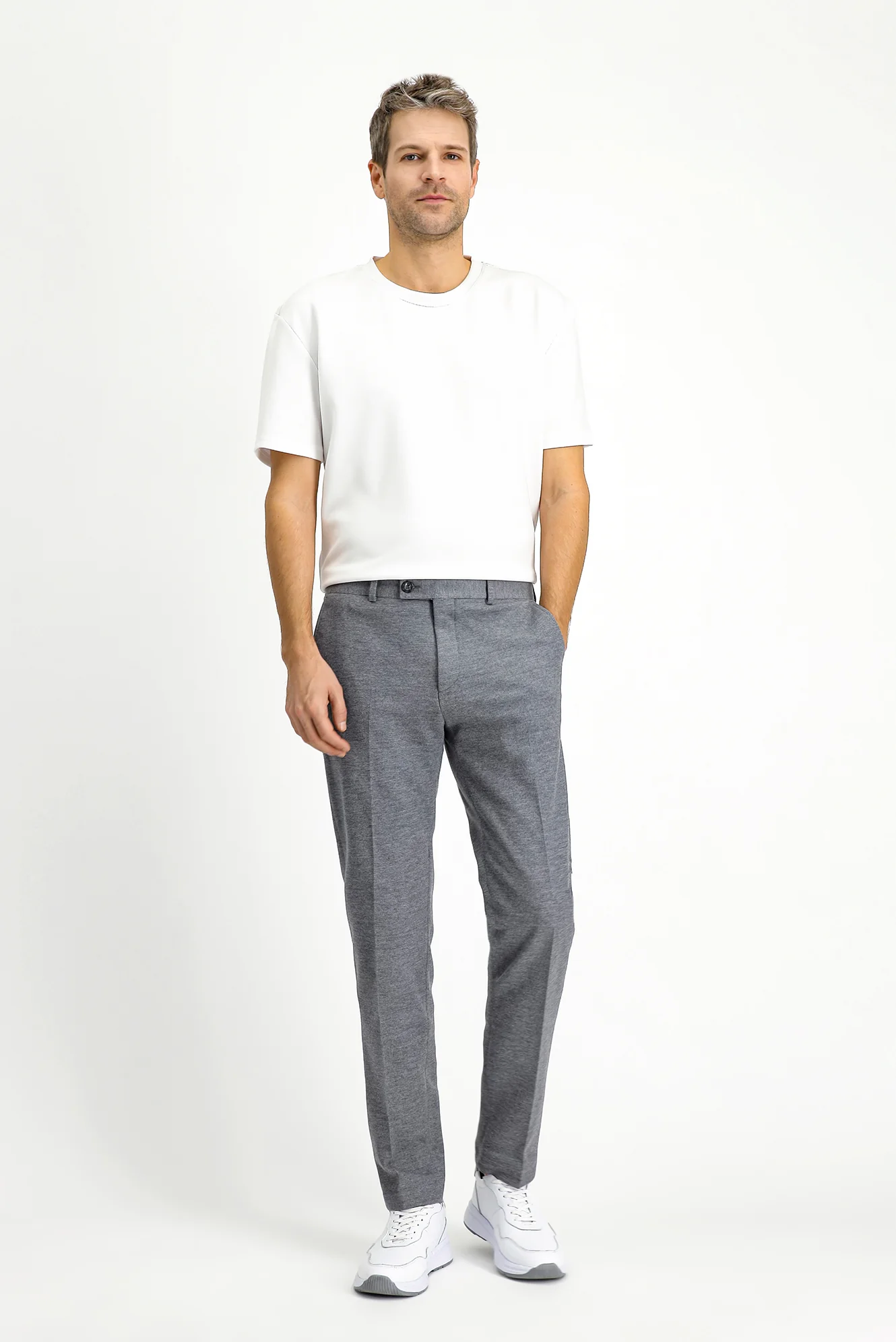 Orta Gri Melanj 7 Drop Super Slim Fit Eksra Dar Kesim Pamuklu Örme Klasik Kumaş Pantolon - Image 4