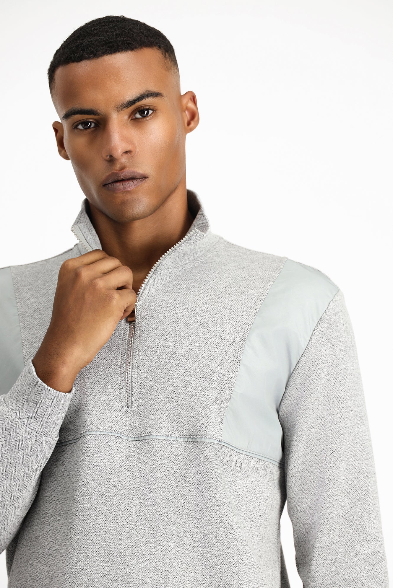 Orta Gri Melanj Yarım Balıkçı Yaka Oversize Fermuarlı Desenli Pamuklu Sweatshirt - Image 3