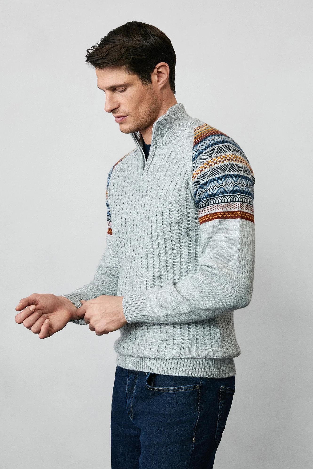 Orta Gri Melanj Yarım Balıkçı Yaka Fermuarlı Slim Fit Desenli Triko Kazak - Image 2