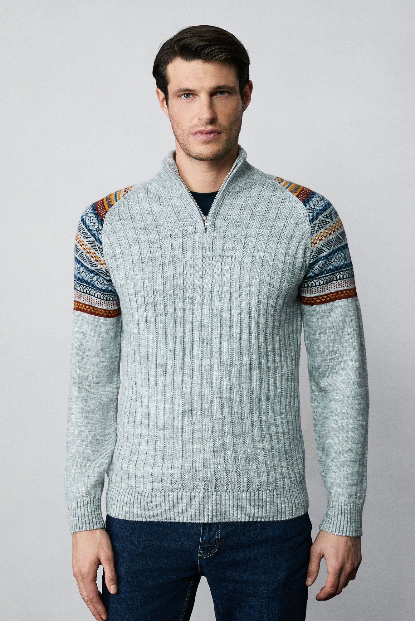 Orta Gri Melanj Yarım Balıkçı Yaka Fermuarlı Slim Fit Desenli Triko Kazak - Image 4