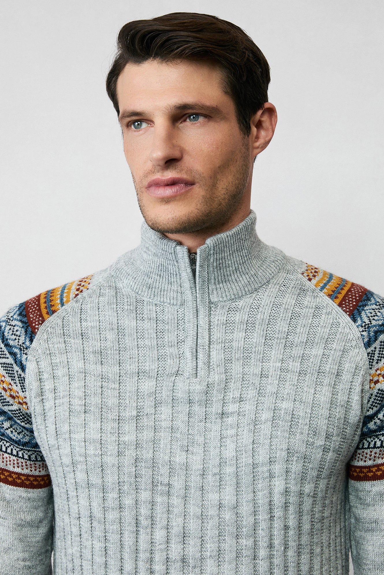 Orta Gri Melanj Yarım Balıkçı Yaka Fermuarlı Slim Fit Desenli Triko Kazak - Image 5