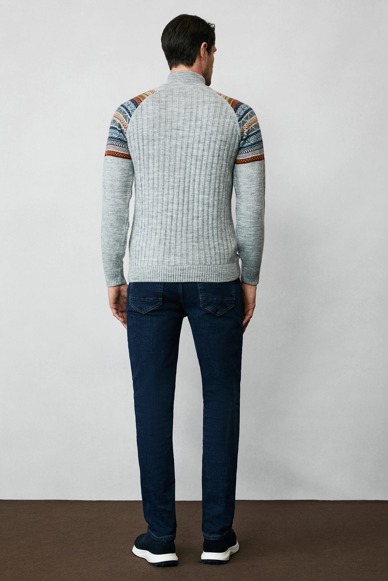 Orta Gri Melanj Yarım Balıkçı Yaka Fermuarlı Slim Fit Desenli Triko Kazak - Image 7