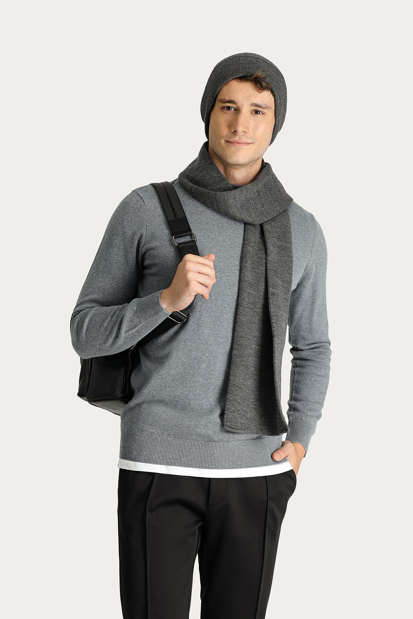 Orta Gri Melanj Yarım Balıkçı Yaka Slim Fit Dar Kesim Pamuklu Triko Kazak