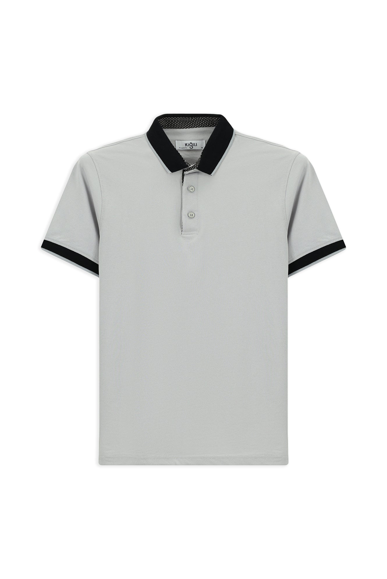 Orta Gri Polo Yaka Regular Fit Desenli Pamuklu Tişört - Image 5