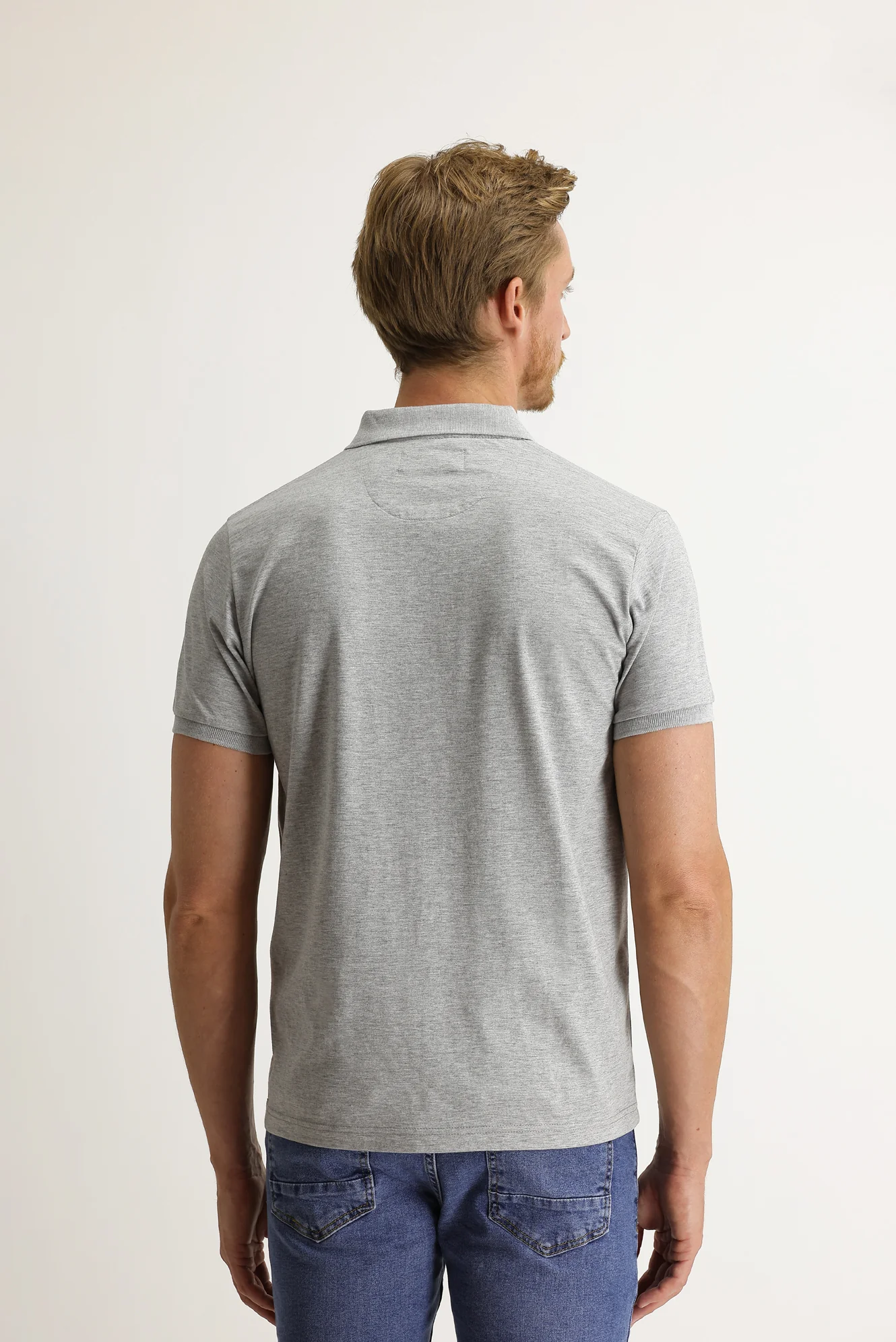 Orta Gri Polo Yaka Slim Fit Dar Kesim Desenli Pamuk Tişört - Image 4