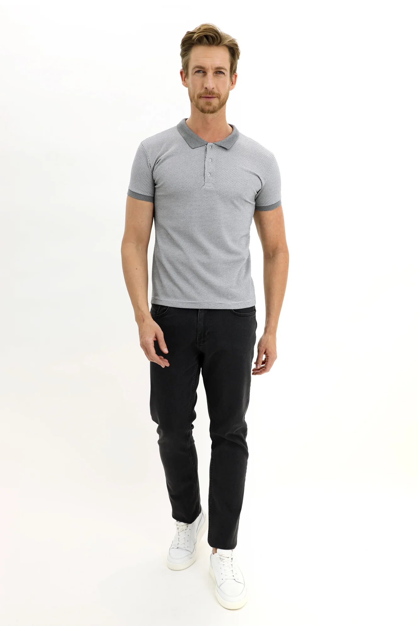 Orta Gri Polo Yaka Slim Fit Dar Kesim Desenli Tişört - Image 2