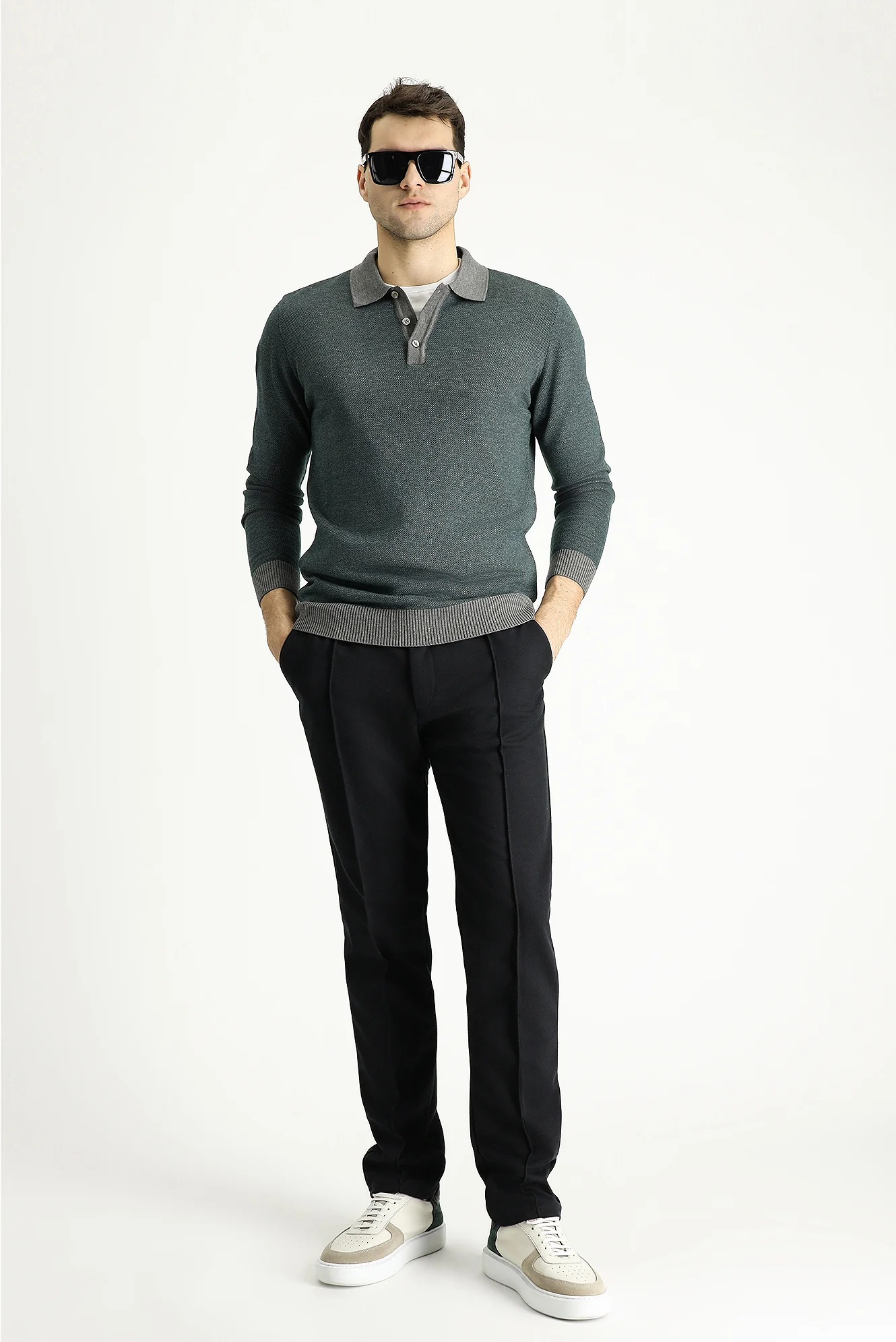 Orta Gri Polo Yaka Slim Fit Dar Kesim Desenli Triko Kazak - Image 2