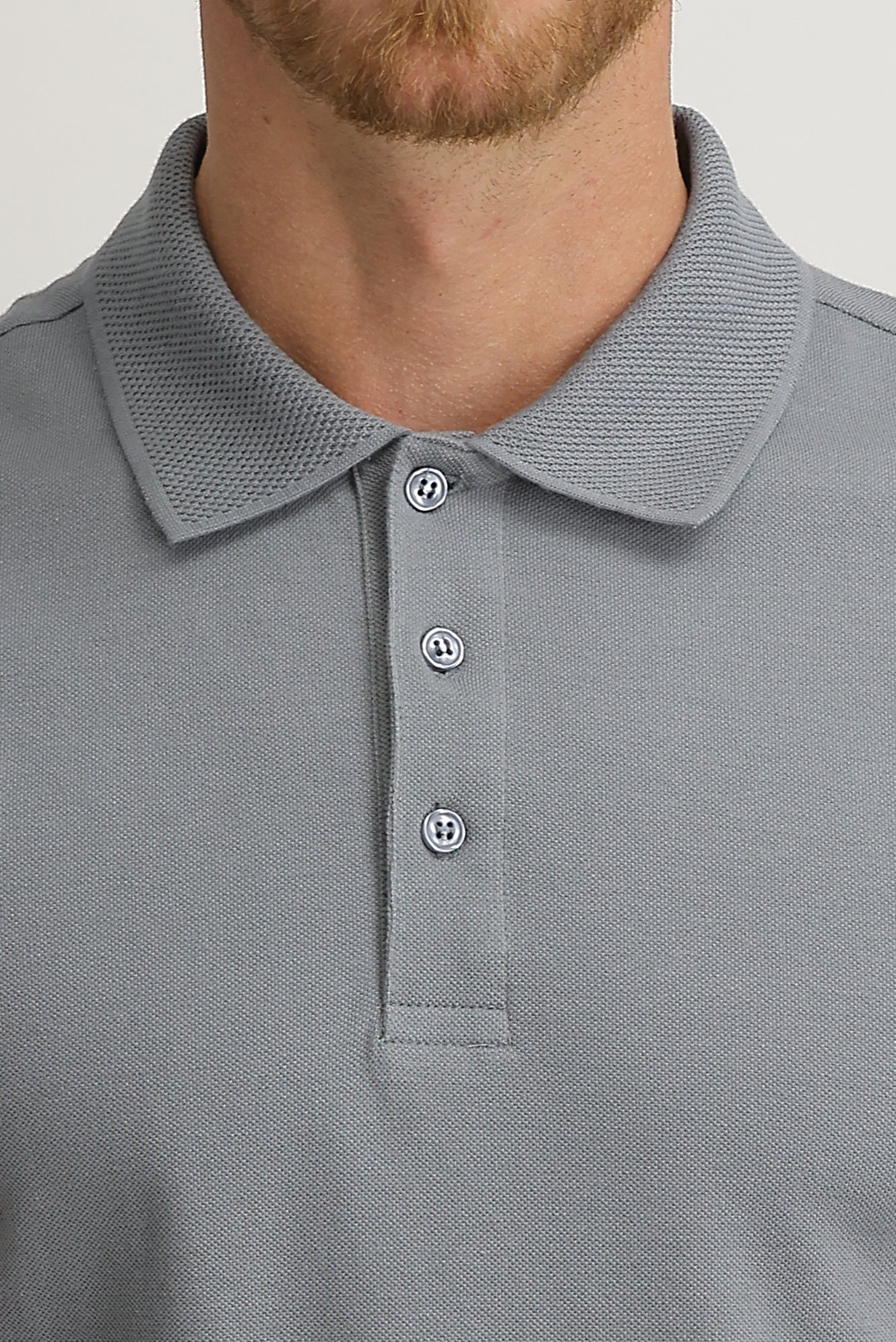Orta Gri Polo Yaka Slim Fit Dar Kesim Nakışlı Pamuk Tişört - Image 3