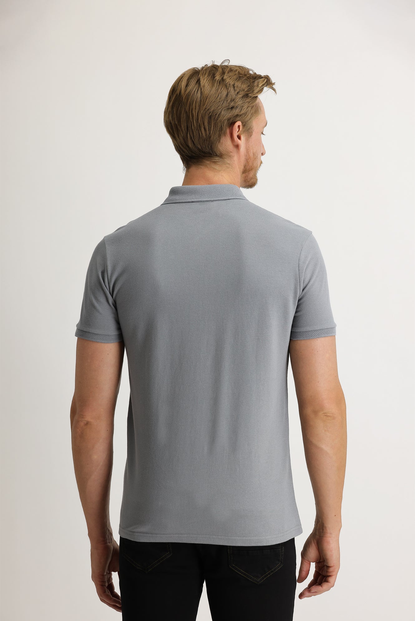 Orta Gri Polo Yaka Slim Fit Dar Kesim Nakışlı Pamuk Tişört - Image 5