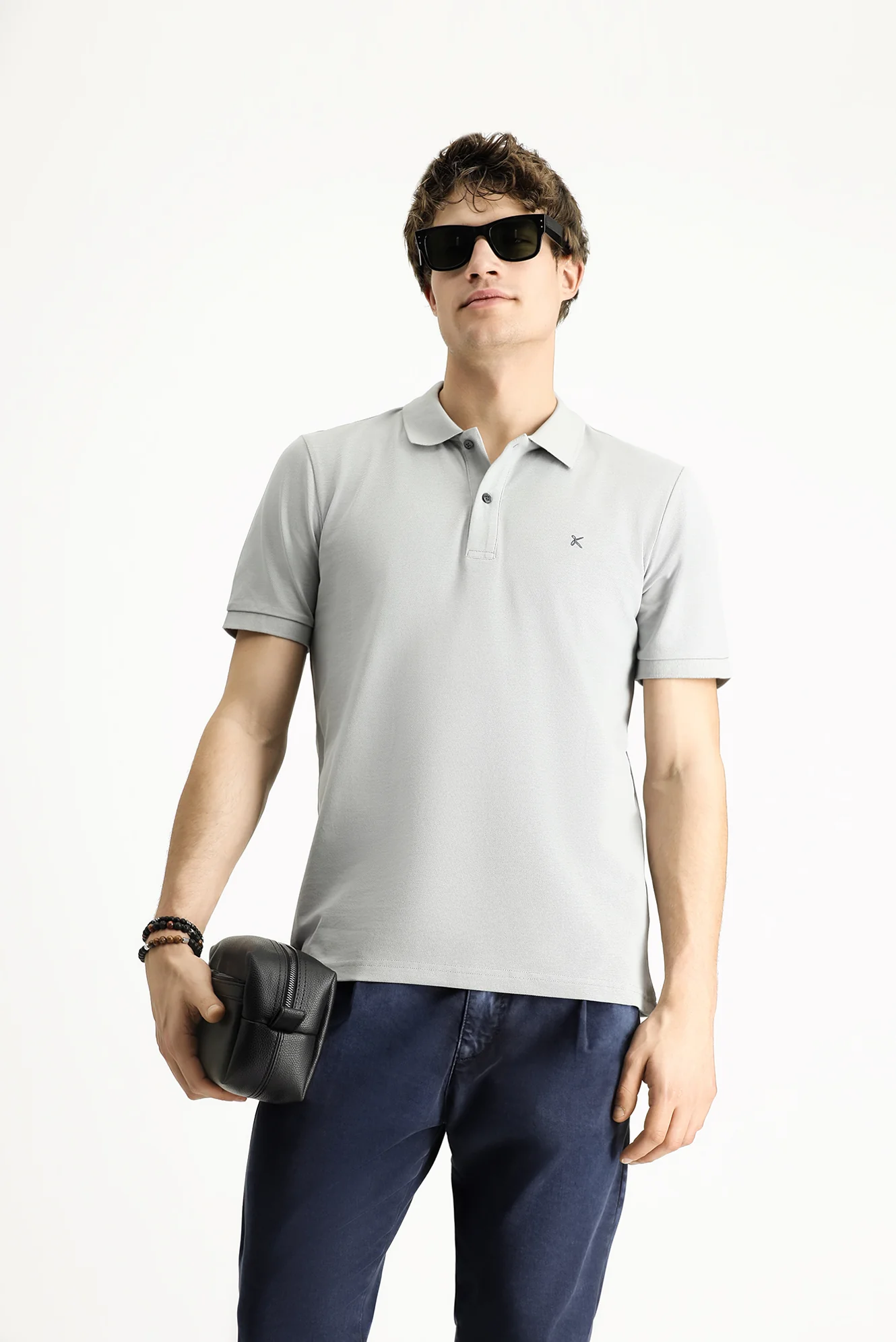 Orta Gri Polo Yaka Slim Fit Dar Kesim Nakışlı Pamuk Tişört