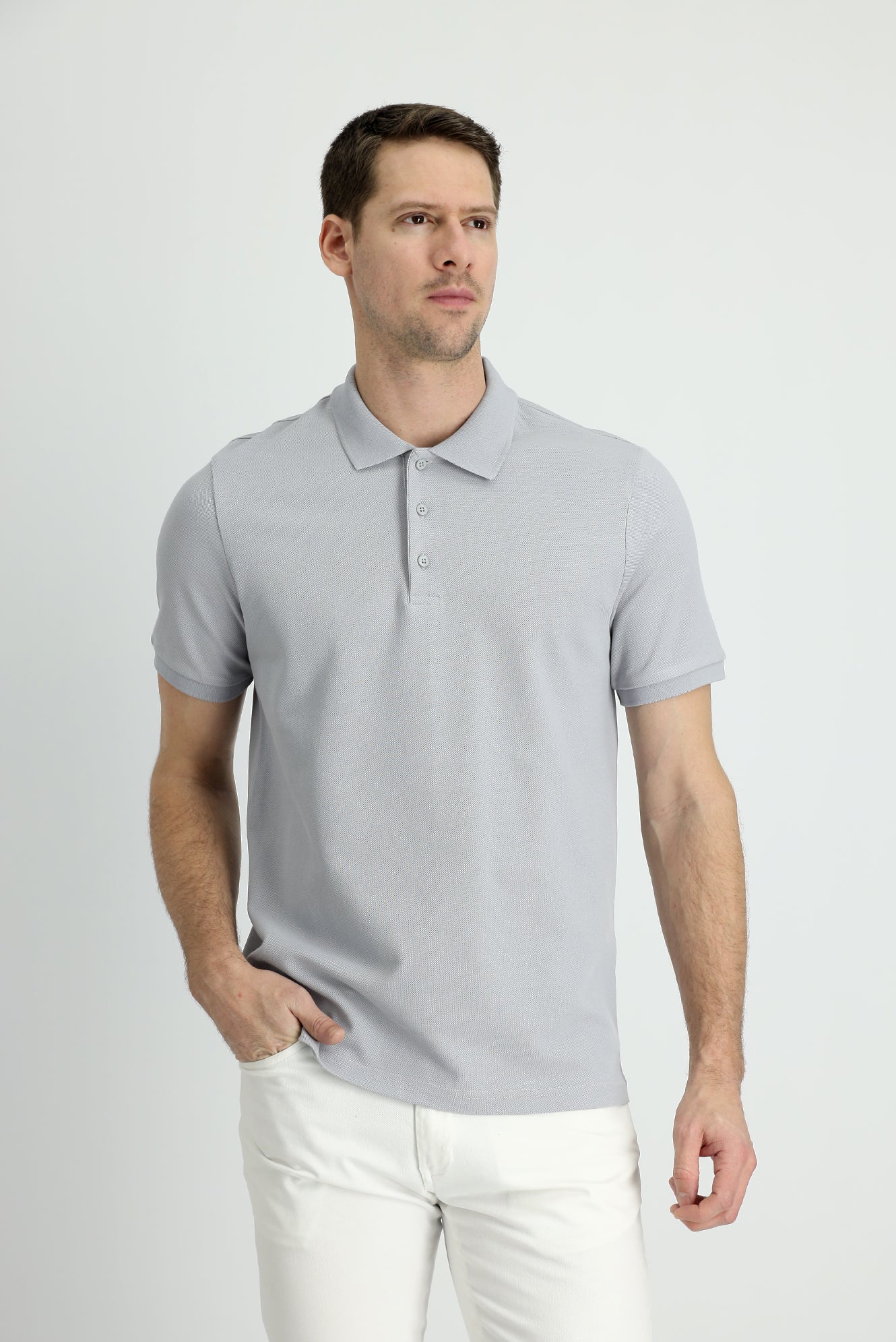 Orta Gri Polo Yaka Slim Fit Dar Kesim Pamuk Tişört - Image 2