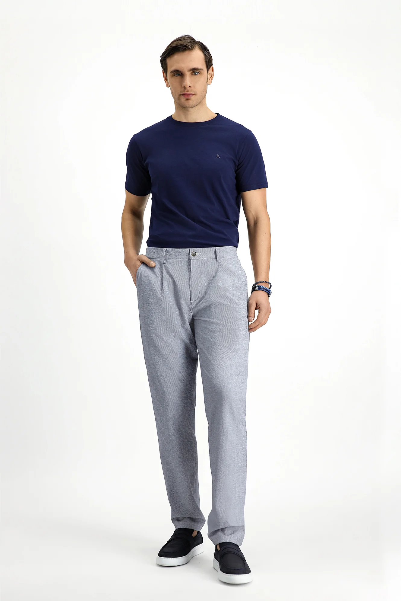 Orta Gri 6 Drop Regular Fit Standart Kesim Beli Lastikli İpli Çizgili Gofre Pileli Klasik Kumaş Pantolon - Image 3