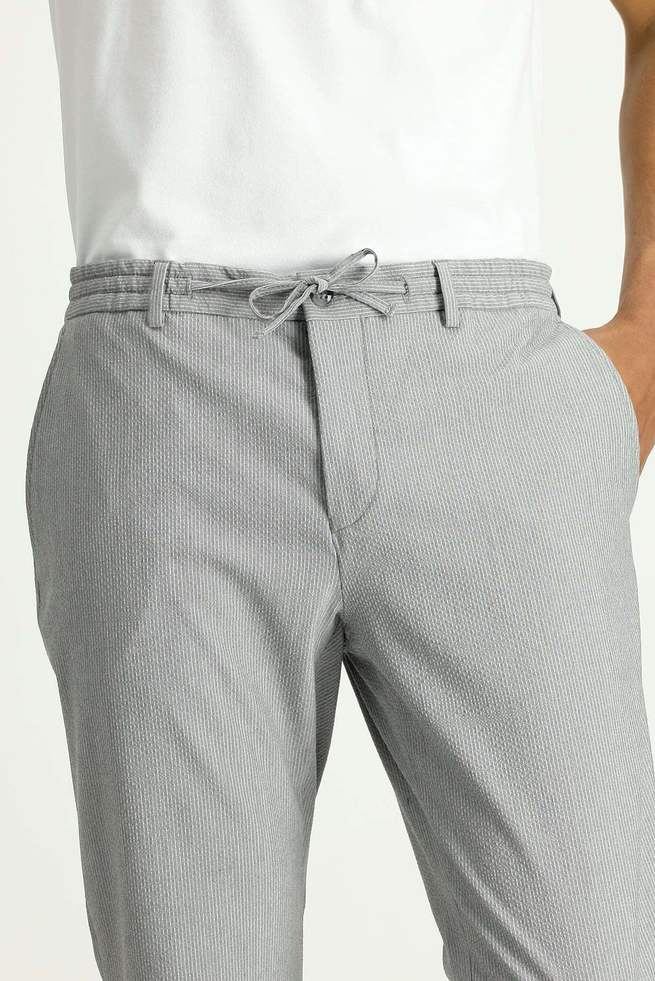 Orta Gri 6 Drop Regular Fit Standart Kesim Beli Lastikli İpli Desenli Gofre Likralı Klasik Kumaş Pantolon - Image 5