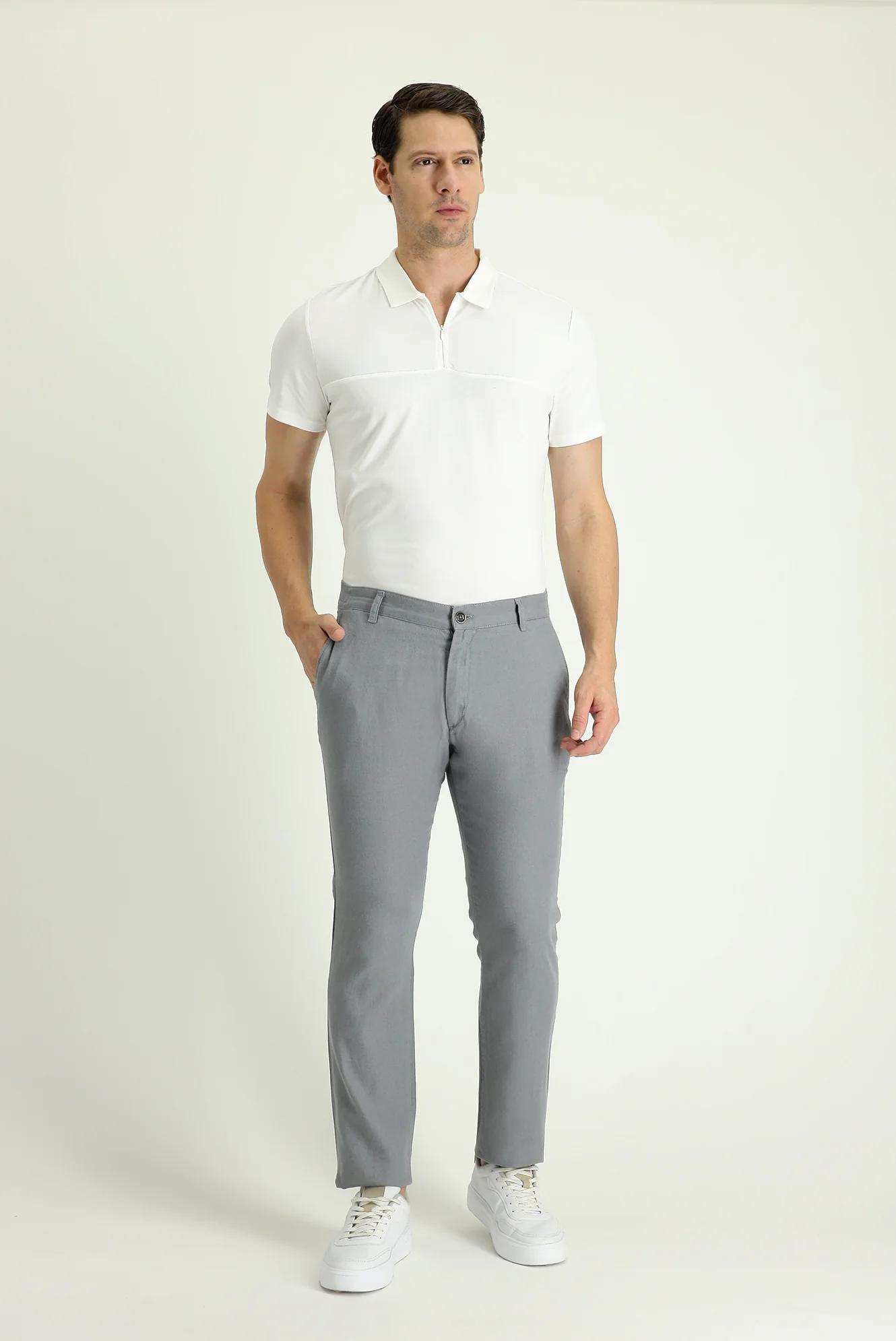 Orta Gri Regular Fit Standart Kesim Beli Lastikli Pamuklu Keten Karışımlı Kanvas / Chino Pantolon