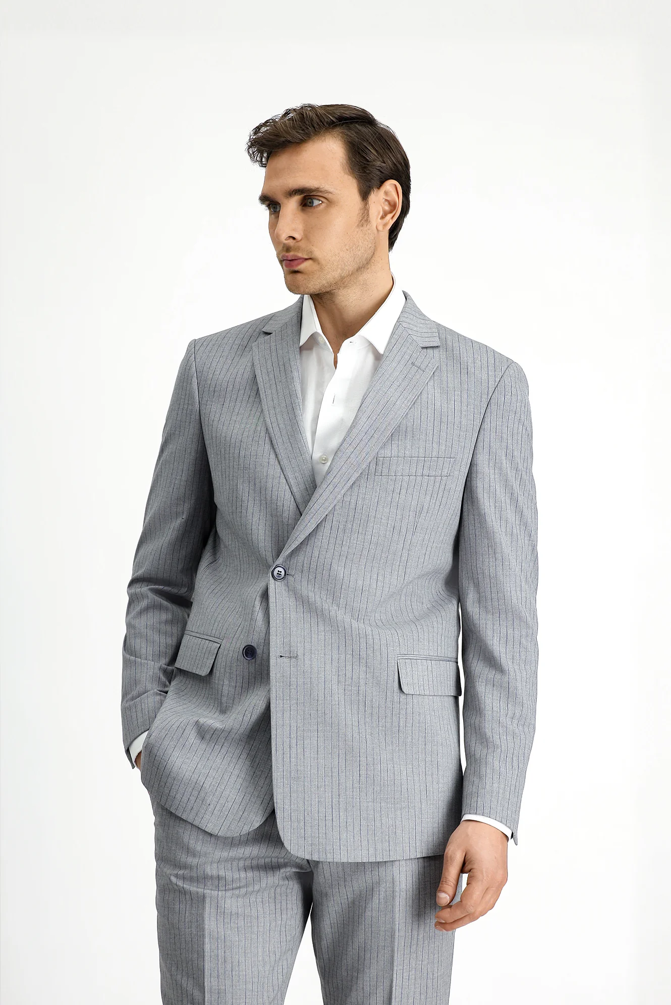 Orta Gri 6 Drop Regular Fit Standart Kesim Çizgili Kruvaze Takım Elbise - Image 2