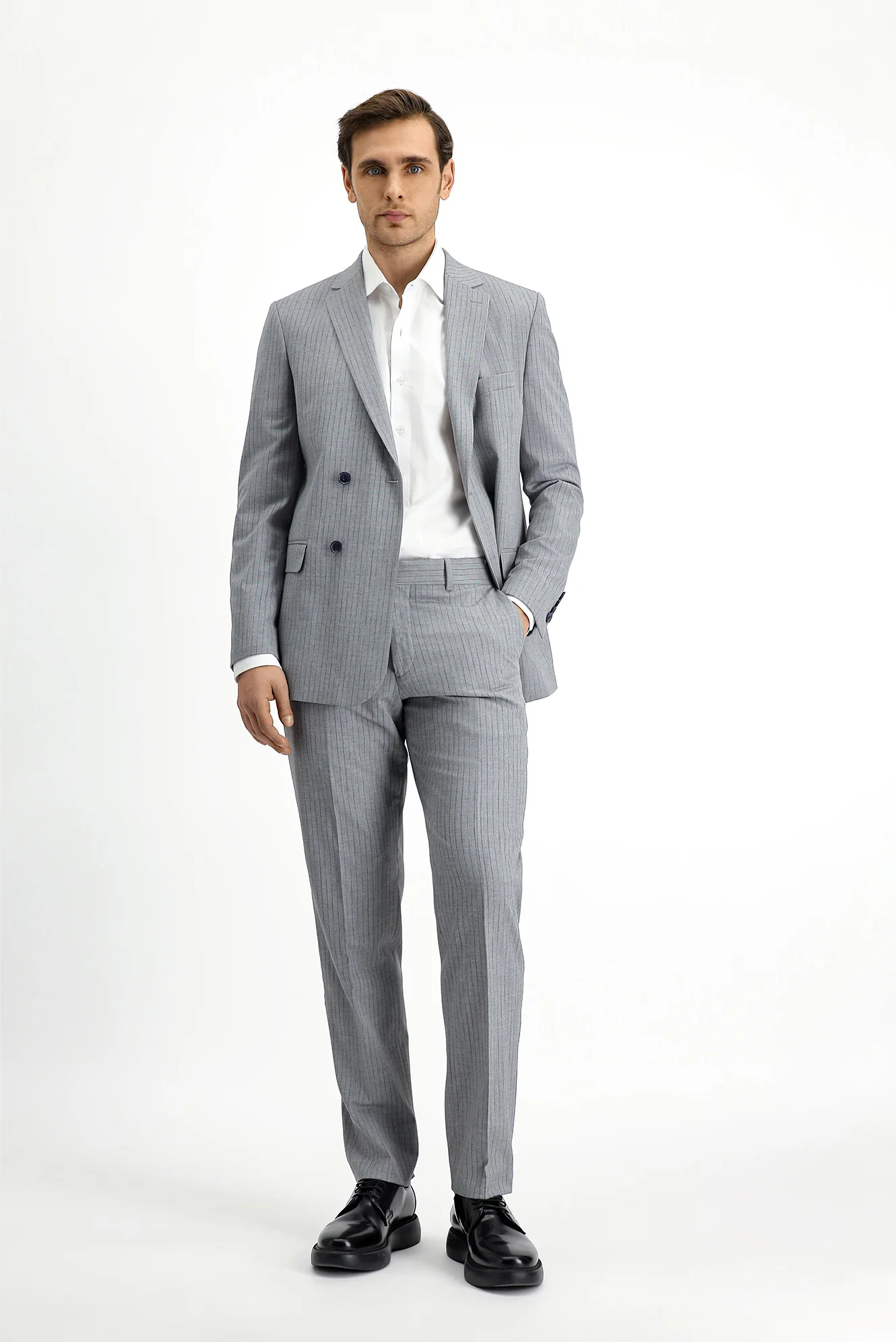 Orta Gri 6 Drop Regular Fit Standart Kesim Çizgili Kruvaze Takım Elbise - Image 3