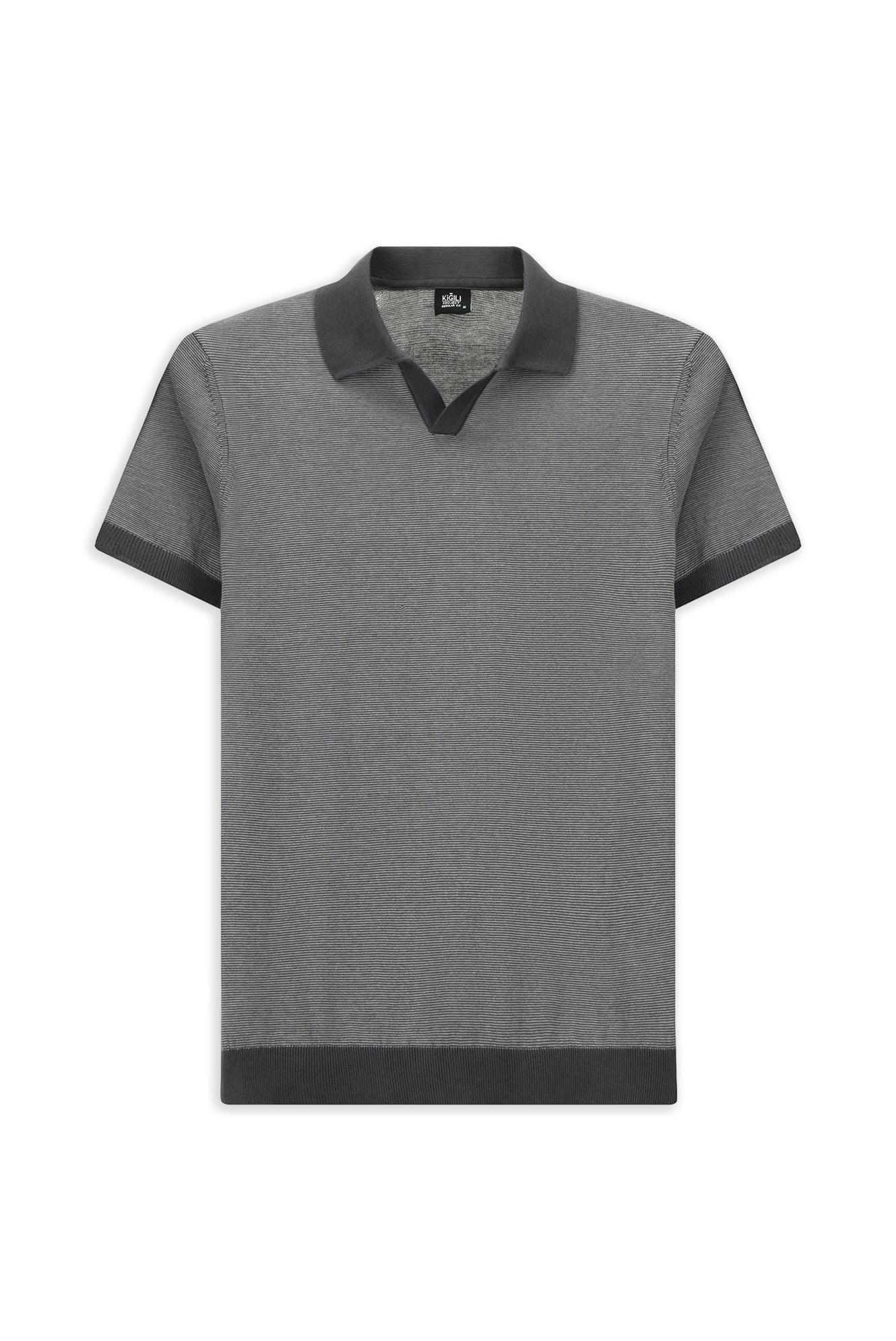 Orta Gri Regular Fit Çizgili Pamuk Örme Polo Tişört