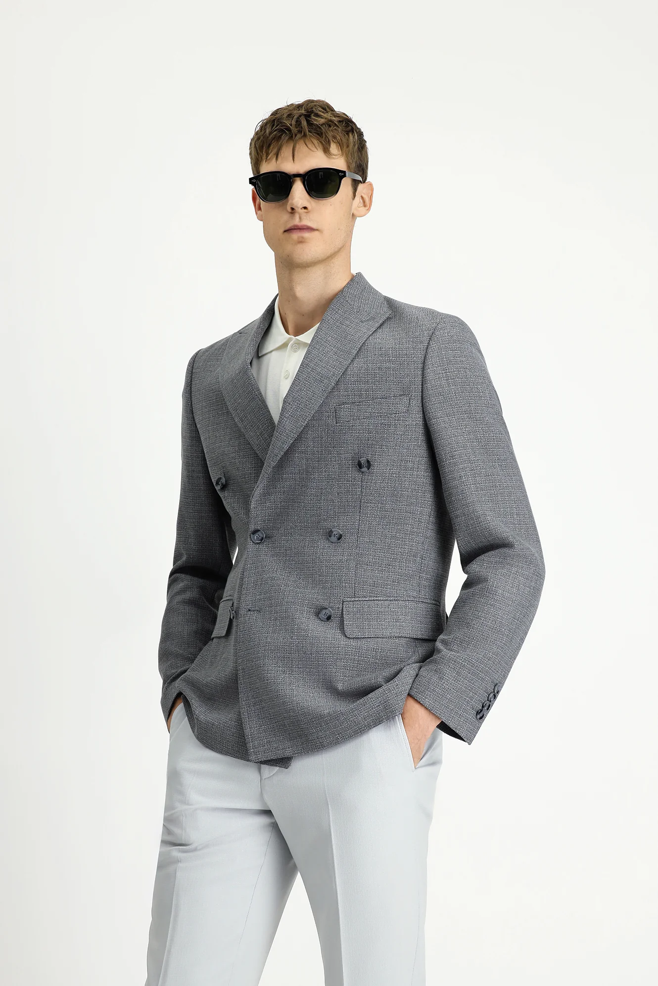 Orta Gri 6 Drop Regular Fit Standart Kesim Desenli Kruvaze Ceket - Image 3