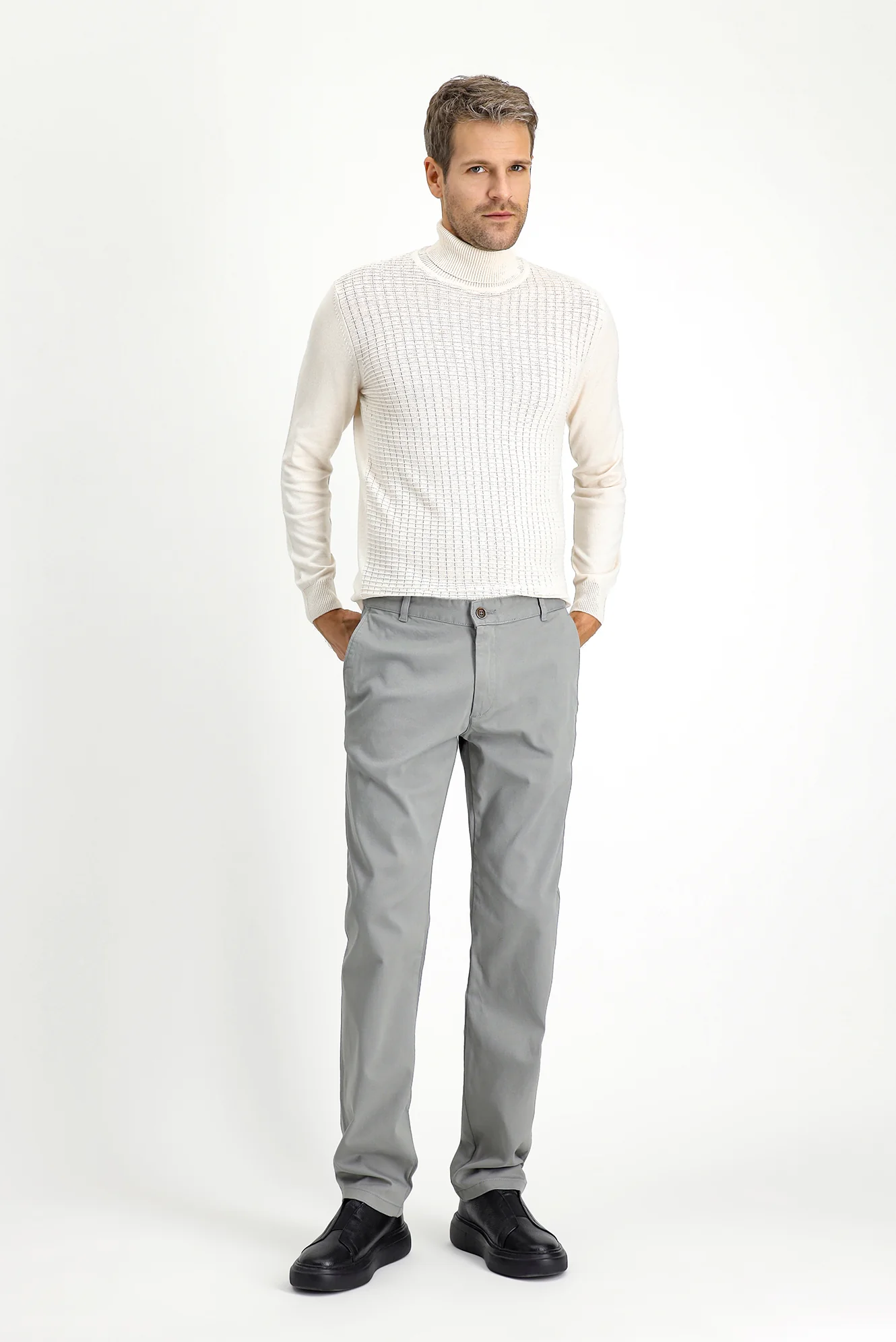 Orta Gri Regular Fit Standart Kesim Desenli Likralı Kanvas / Chino Pantolon - Image 2