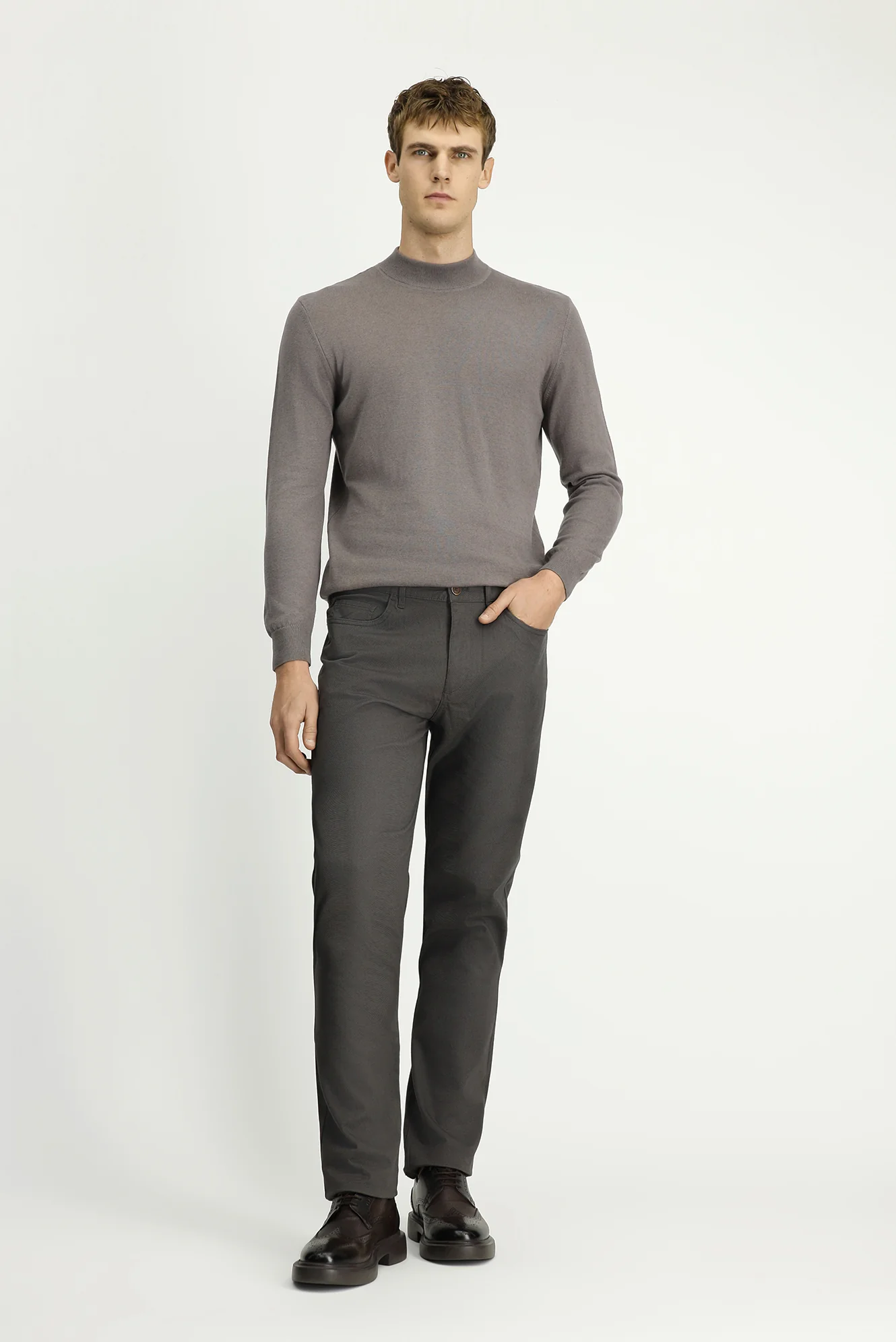 Orta Gri Regular Fit Standart Kesim Desenli Likralı Kanvas / Chino Pantolon
