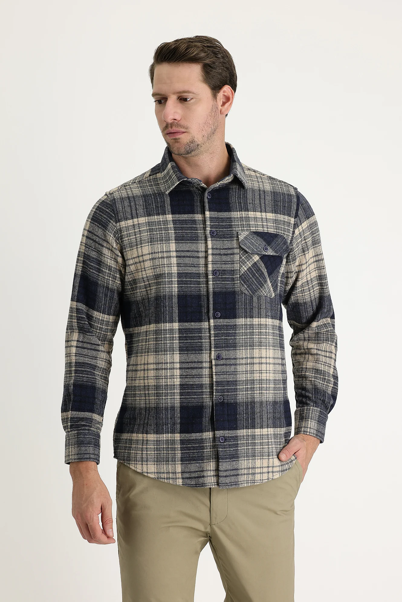 Orta Gri Regular Fit Ekose Shacket Oduncu Gömlek - Image 2