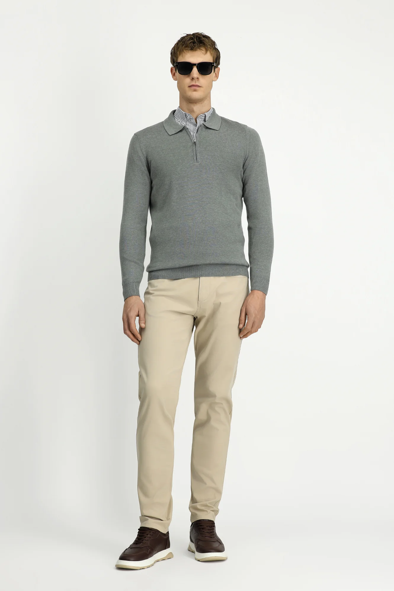 Orta Gri Polo Yaka Regular Fit Fermuarlı Pamuklu Örme Triko Kazak - Image 3