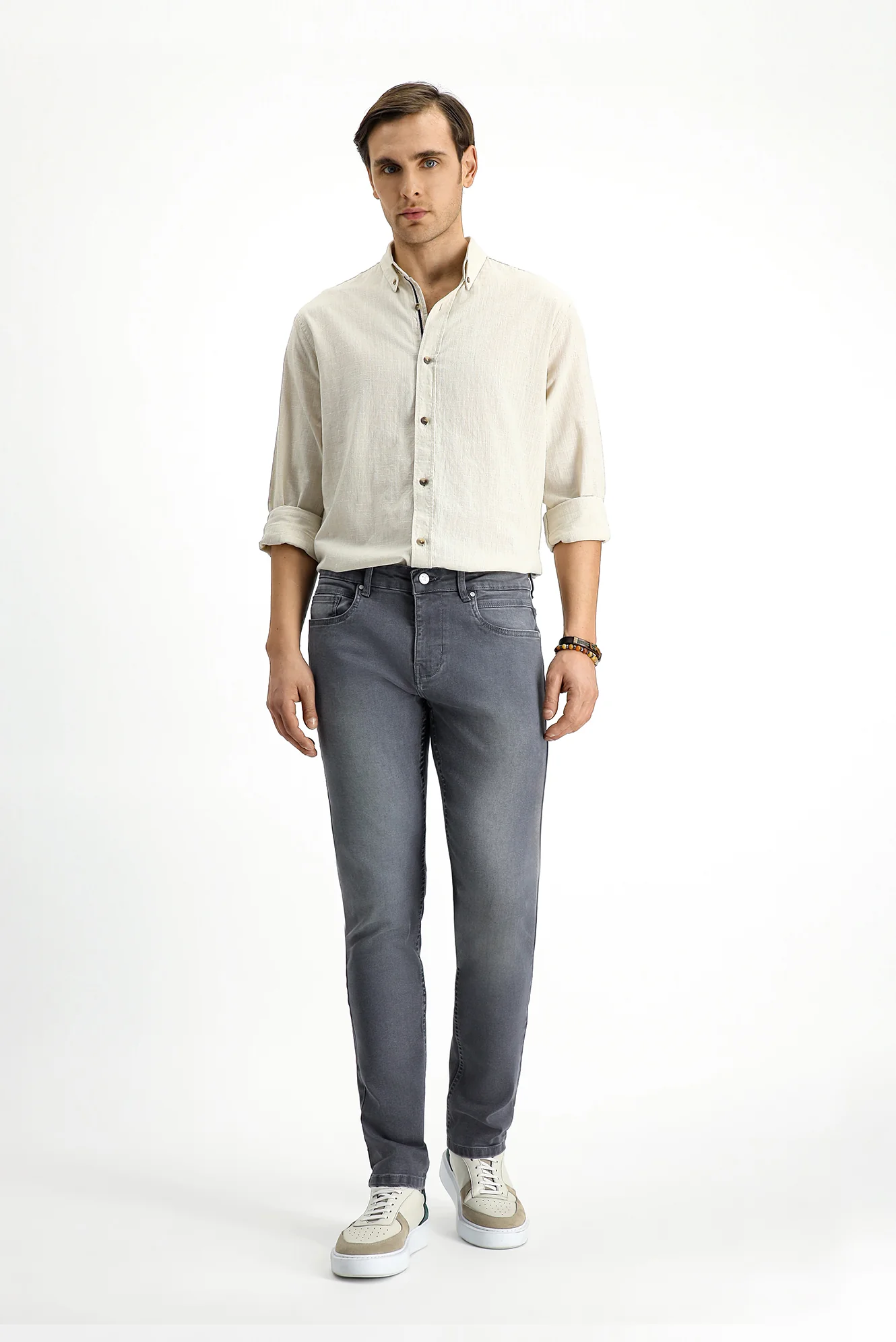 Orta Gri Regular Fit Standart Kesim Likralı Denim Pantolon - Image 2