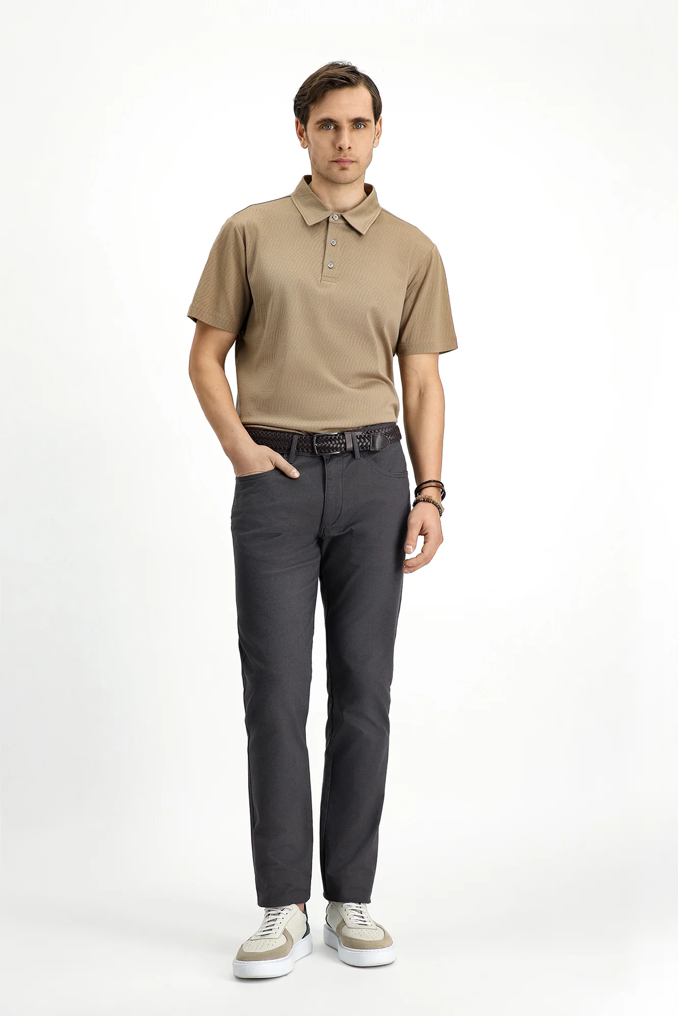 Orta Gri Regular Fit Standart Kesim Likralı Desenli Kanvas / Chino Pantolon - Image 2