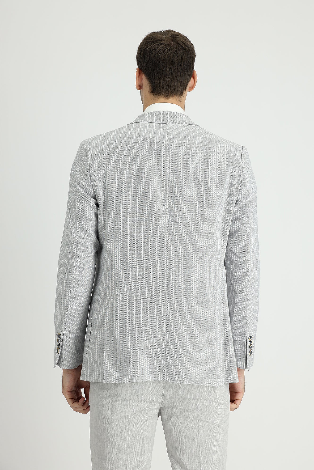 Orta Gri 4 Drop Relaxed Fit Rahat Kesim Çizgili Pamuklu Keten Karışımlı Ceket - Image 3