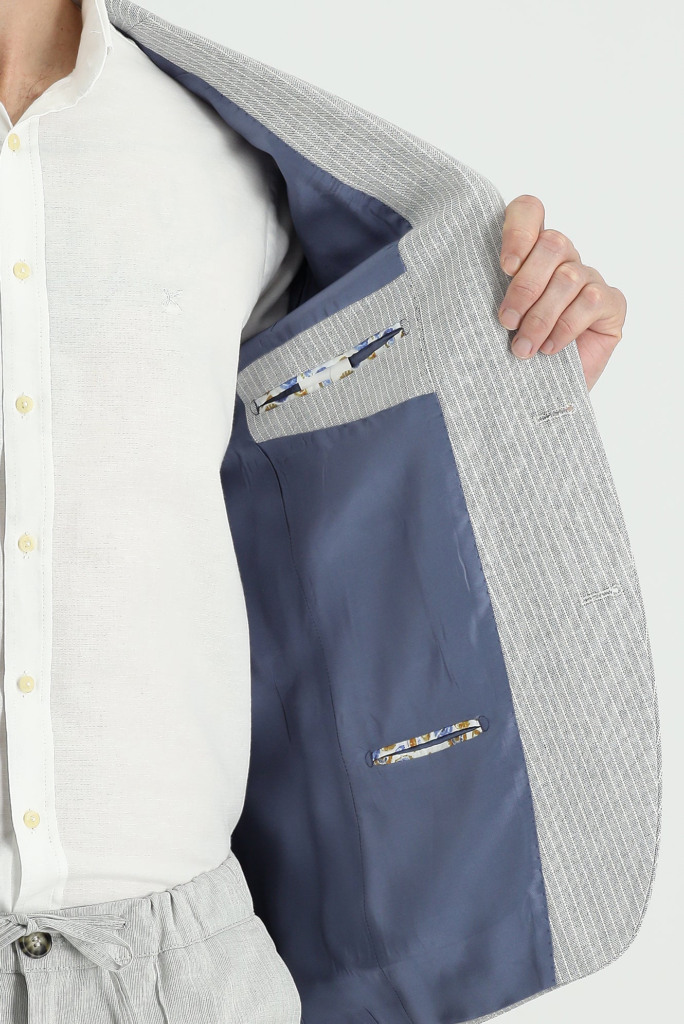 Orta Gri 4 Drop Relaxed Fit Rahat Kesim Çizgili Pamuklu Keten Karışımlı Ceket - Image 4