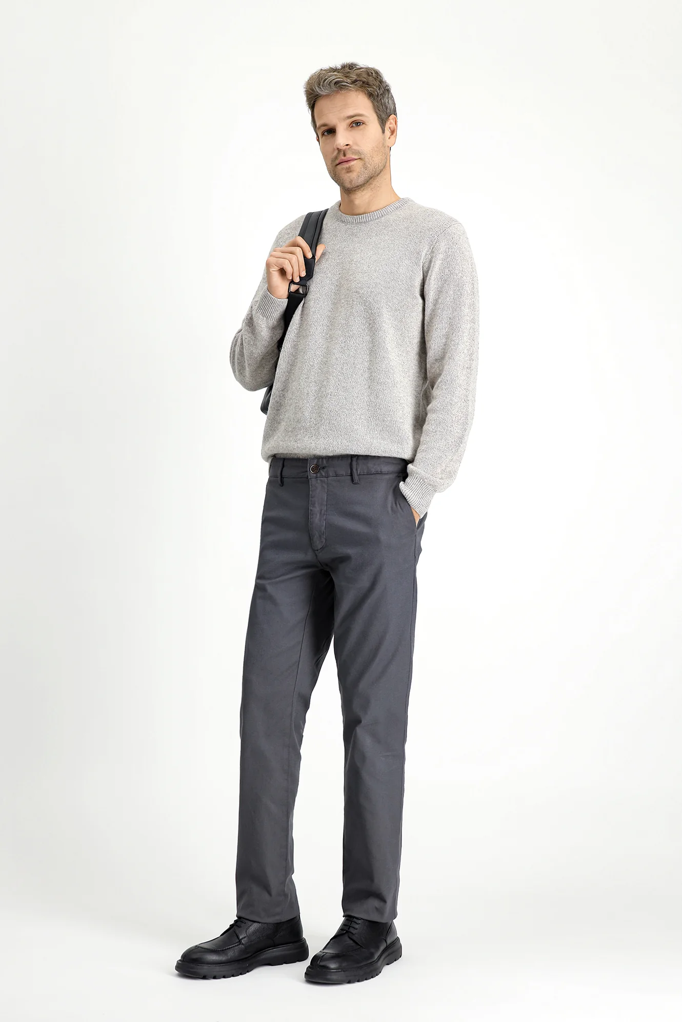 Orta Gri Relaxed Fit Rahat Kesim Desenli Likralı Kanvas / Chino Pantolon