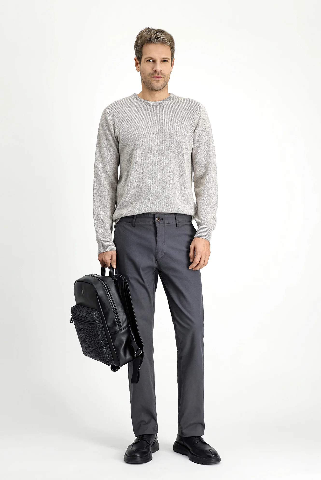 Orta Gri Relaxed Fit Rahat Kesim Desenli Likralı Kanvas / Chino Pantolon - Image 2