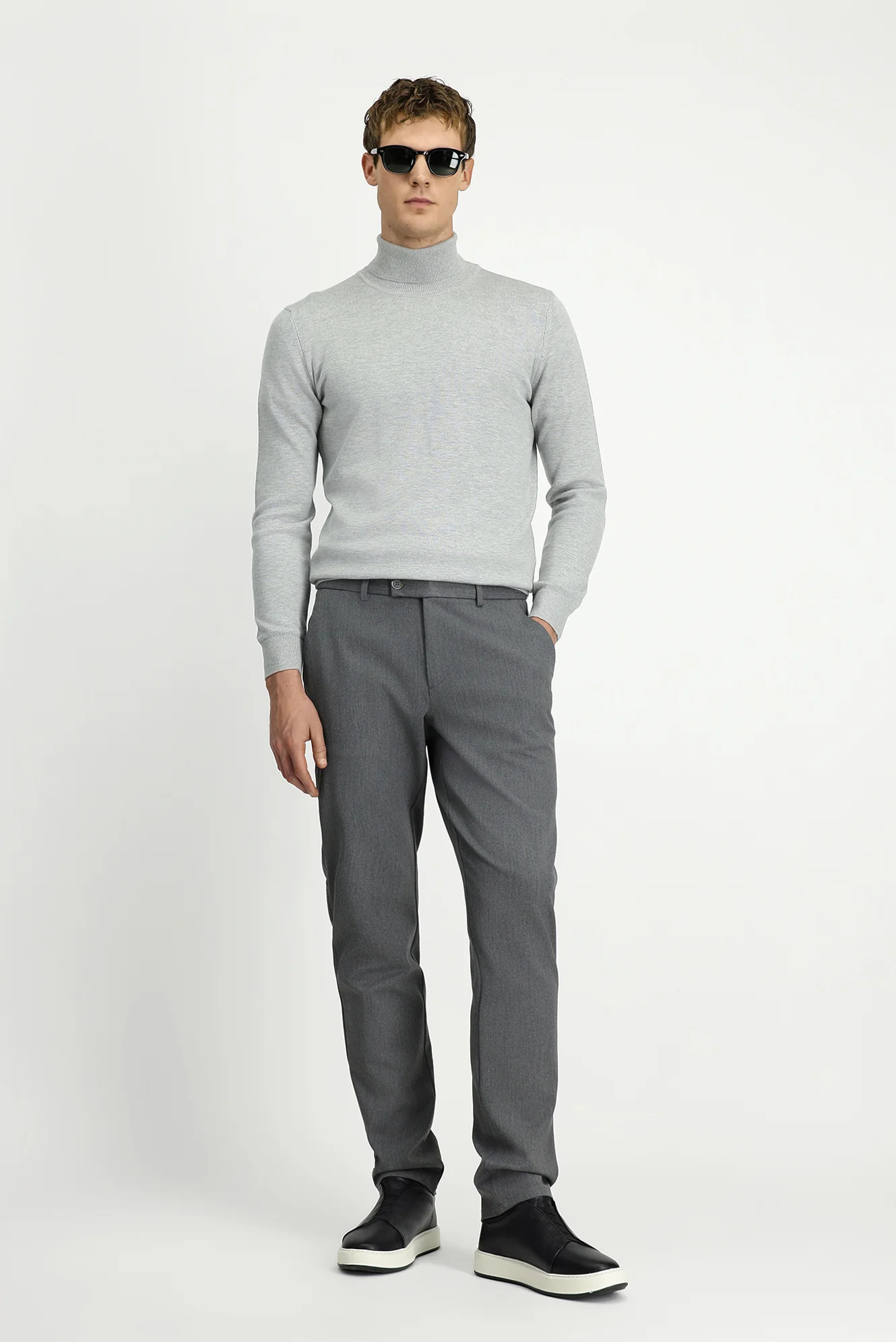 Orta Gri Slim Fit Dar Kesim Beli Lastikli Pamuklu Kanvas / Chino Pantolon - Image 2