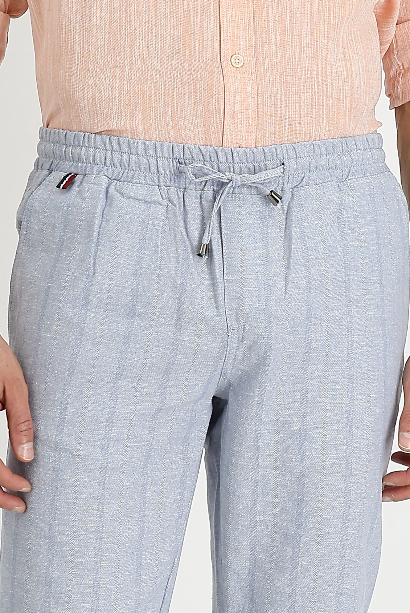 Orta Gri Slim Fit Dar Kesim Beli Lastikli İpli Çizgili Keten Pantolon - Image 3