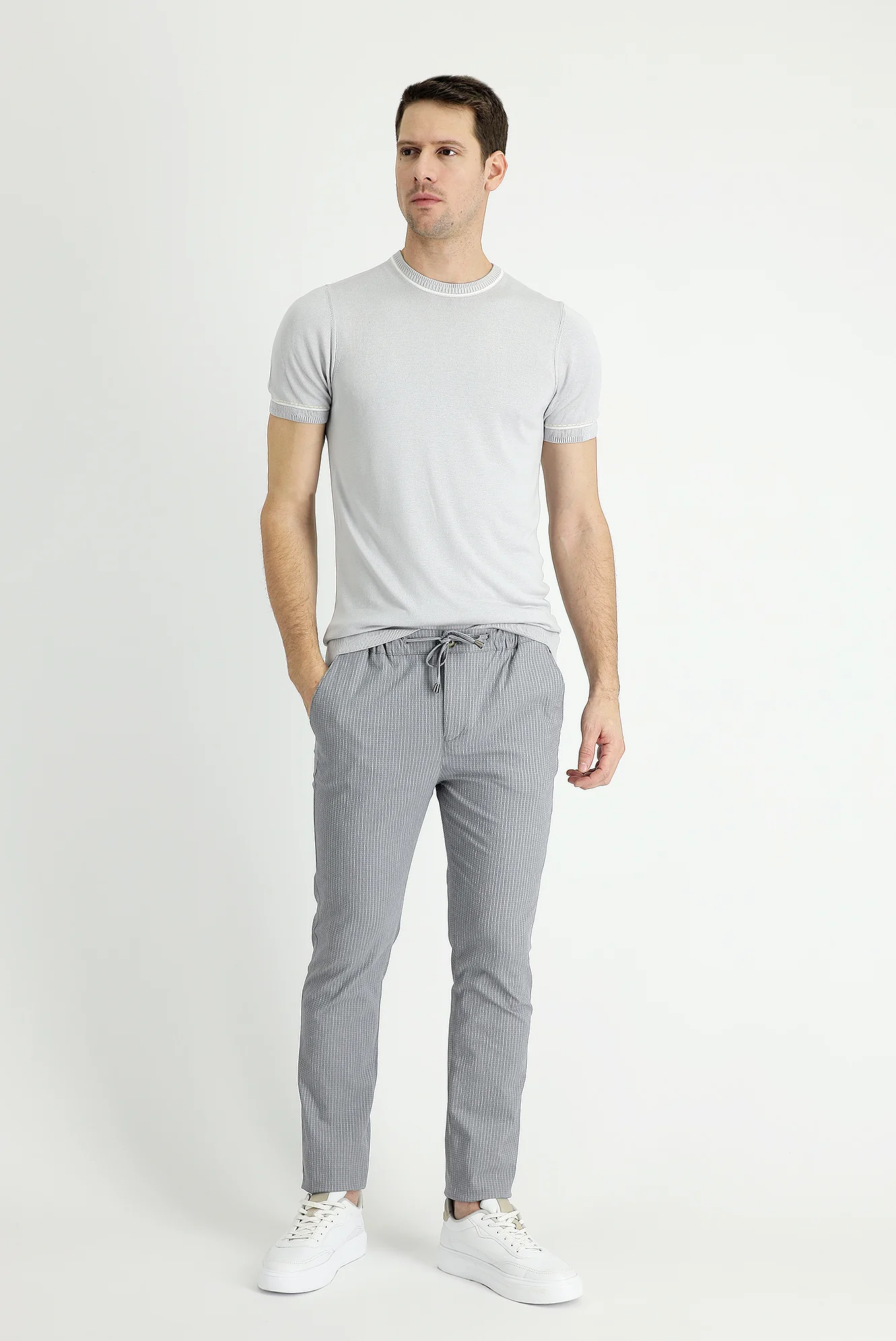 Orta Gri 7 Drop Slim Fit Dar Kesim Beli Lastikli İpli Çizgili Likralı Klasik Kumaş Pantolon