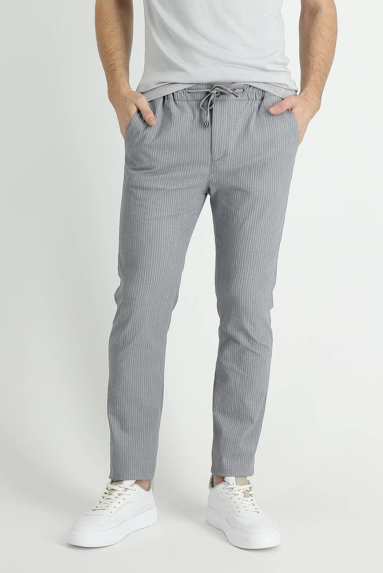 Orta Gri 7 Drop Slim Fit Dar Kesim Beli Lastikli İpli Çizgili Likralı Klasik Kumaş Pantolon - Image 2