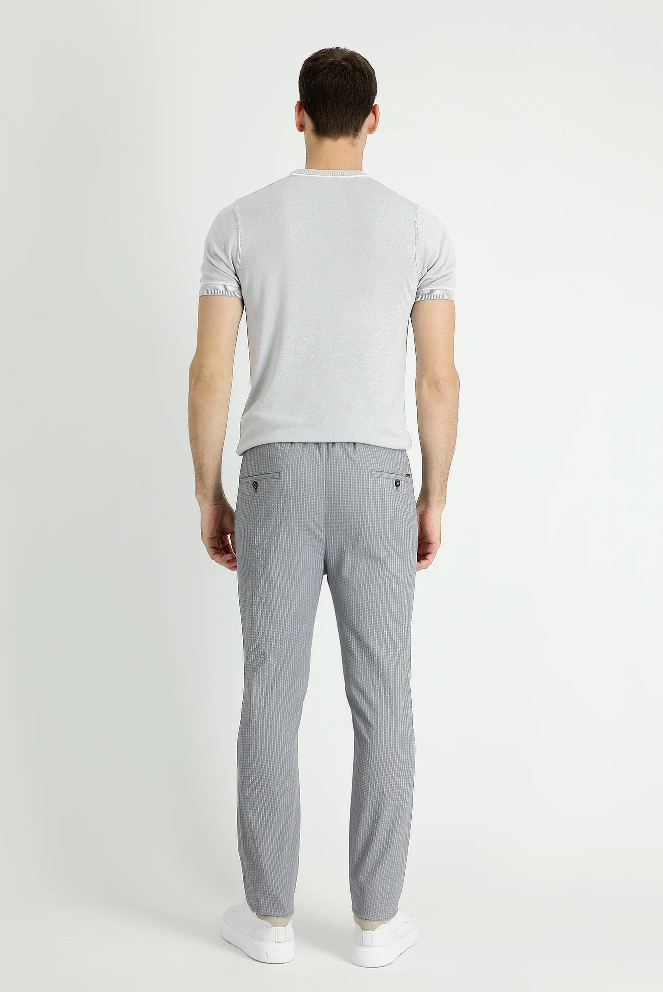 Orta Gri 7 Drop Slim Fit Dar Kesim Beli Lastikli İpli Çizgili Likralı Klasik Kumaş Pantolon - Image 3