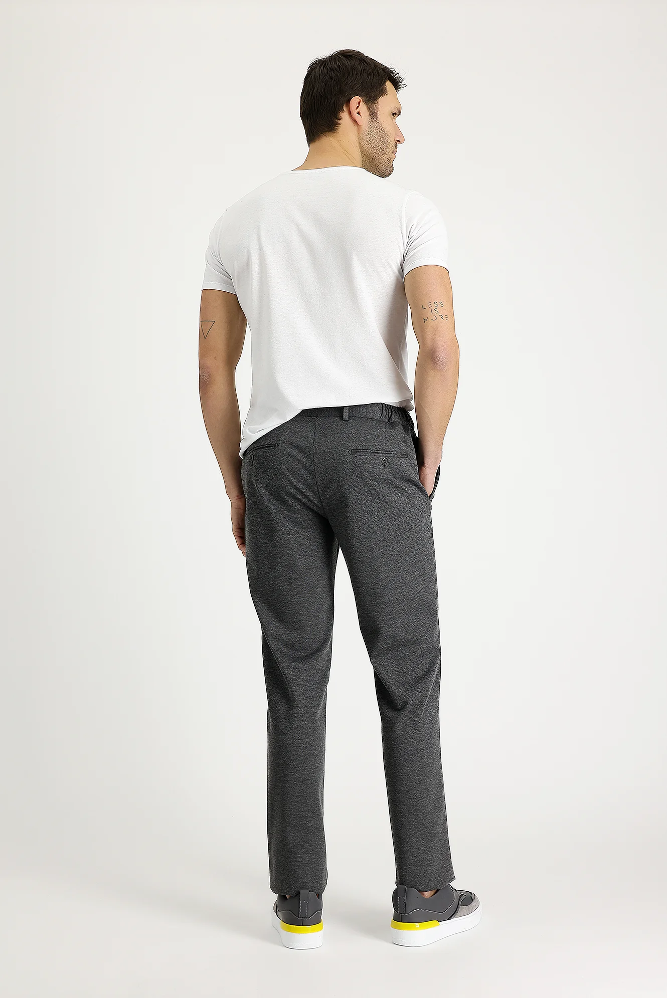 Orta Gri 7 Drop Slim Fit Dar Kesim Beli Lastikli İpli Desenli Likralı Kumaş Pantolon - Image 2