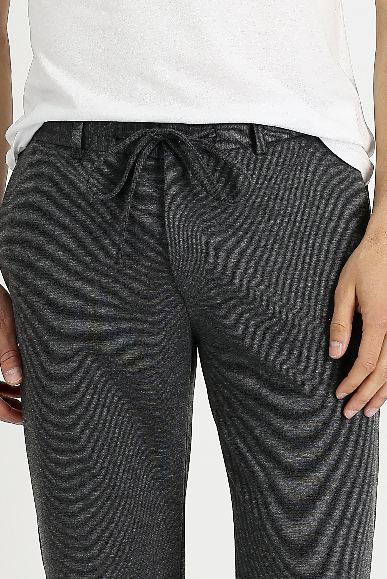 Orta Gri 7 Drop Slim Fit Dar Kesim Beli Lastikli İpli Desenli Likralı Kumaş Pantolon - Image 3
