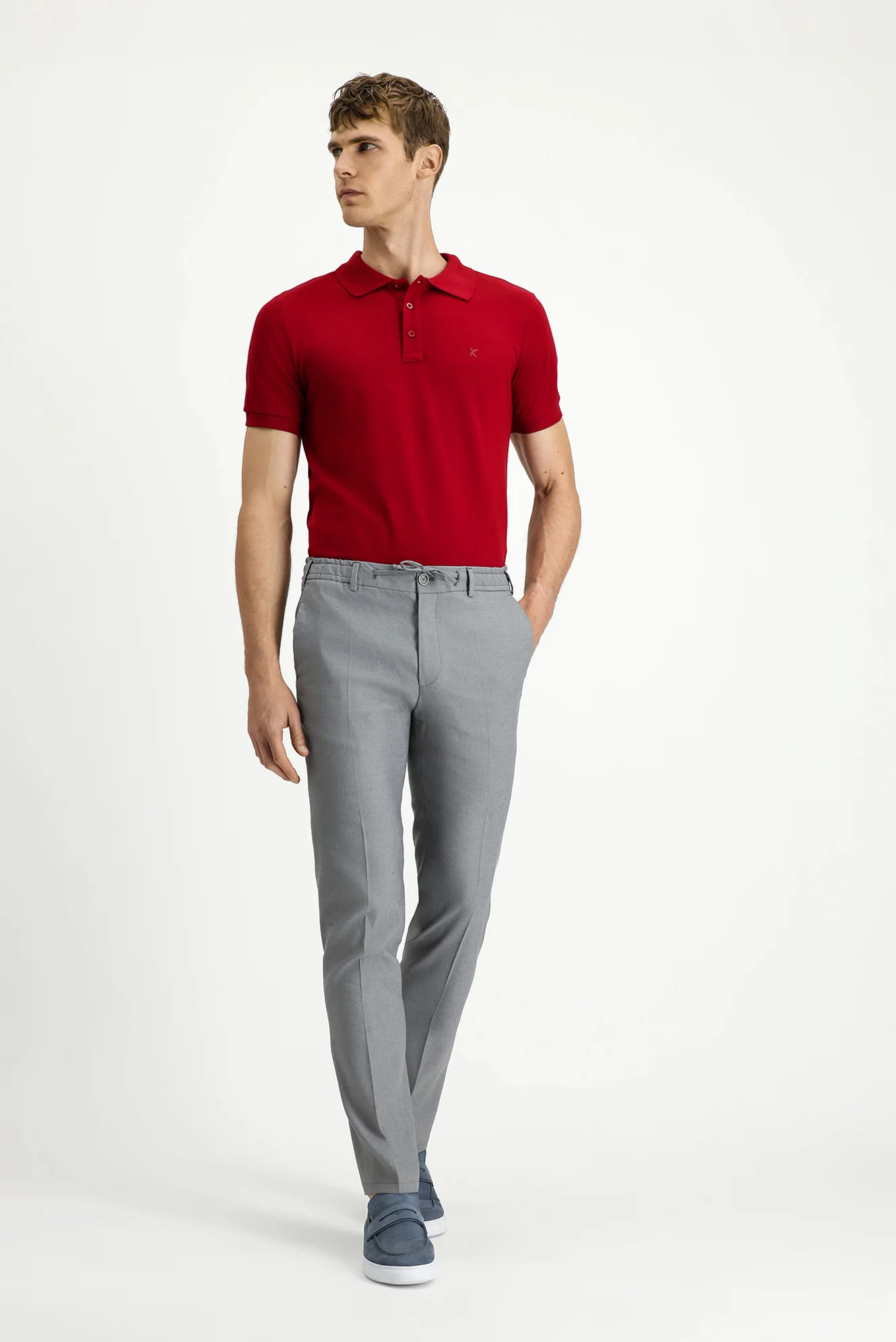 Orta Gri Slim Fit Dar Kesim Beli Lastikli İpli Keten Karışımlı Jogger Pantolon - Image 2