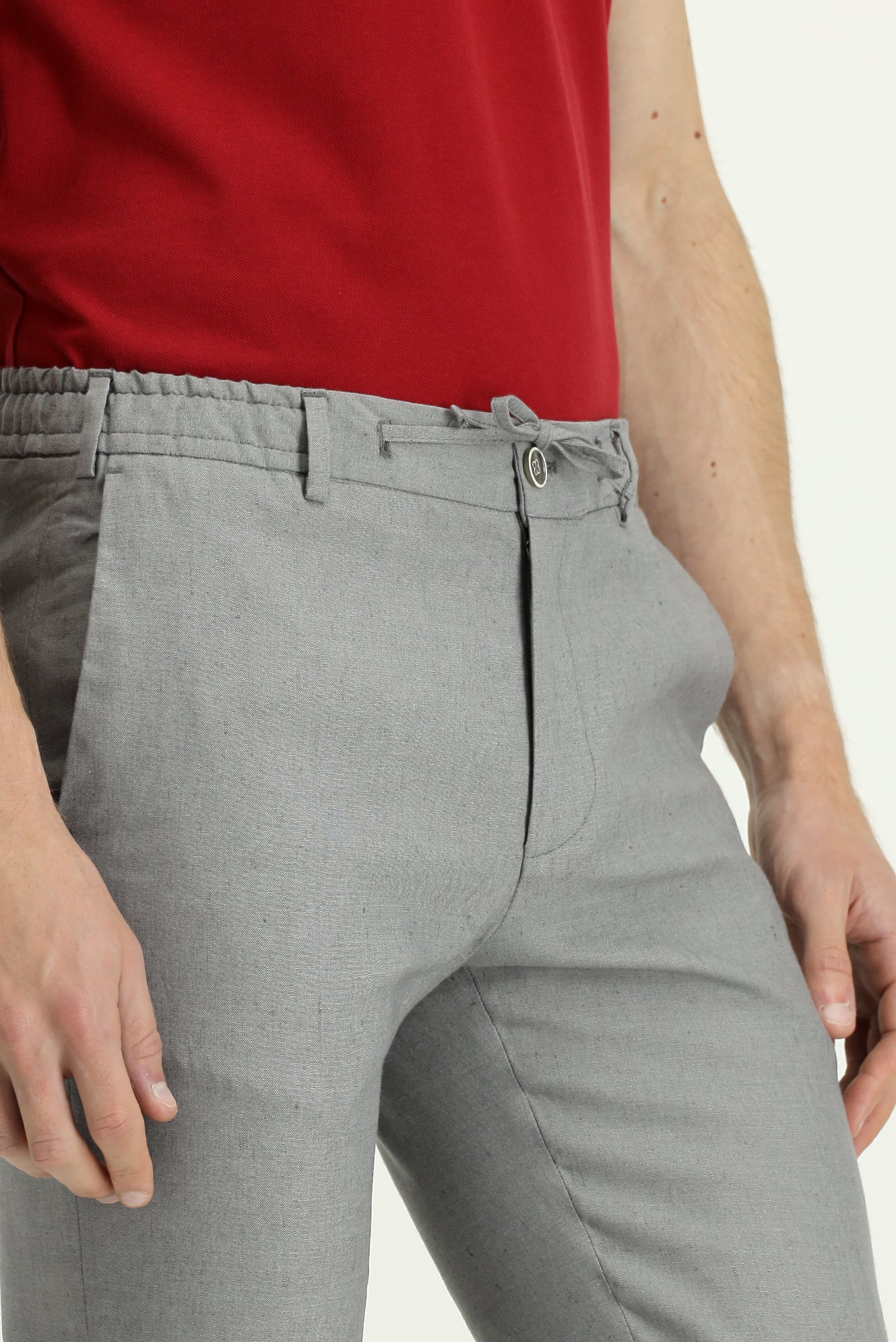 Orta Gri Slim Fit Dar Kesim Beli Lastikli İpli Keten Karışımlı Jogger Pantolon - Image 6