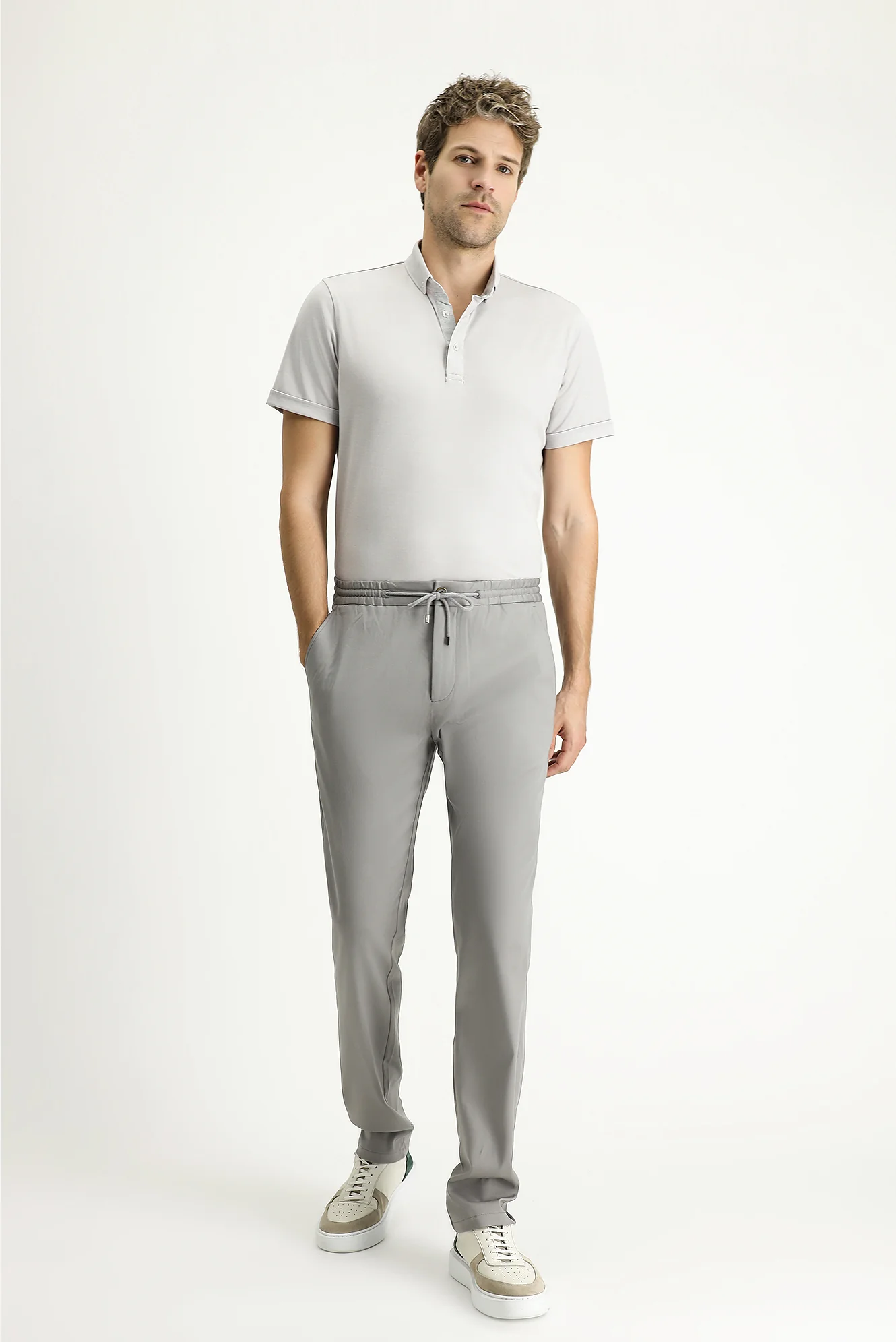 Orta Gri Slim Fit Dar Kesim Beli Lastikli İpli Likralı Jogger Pantolon - Image 2