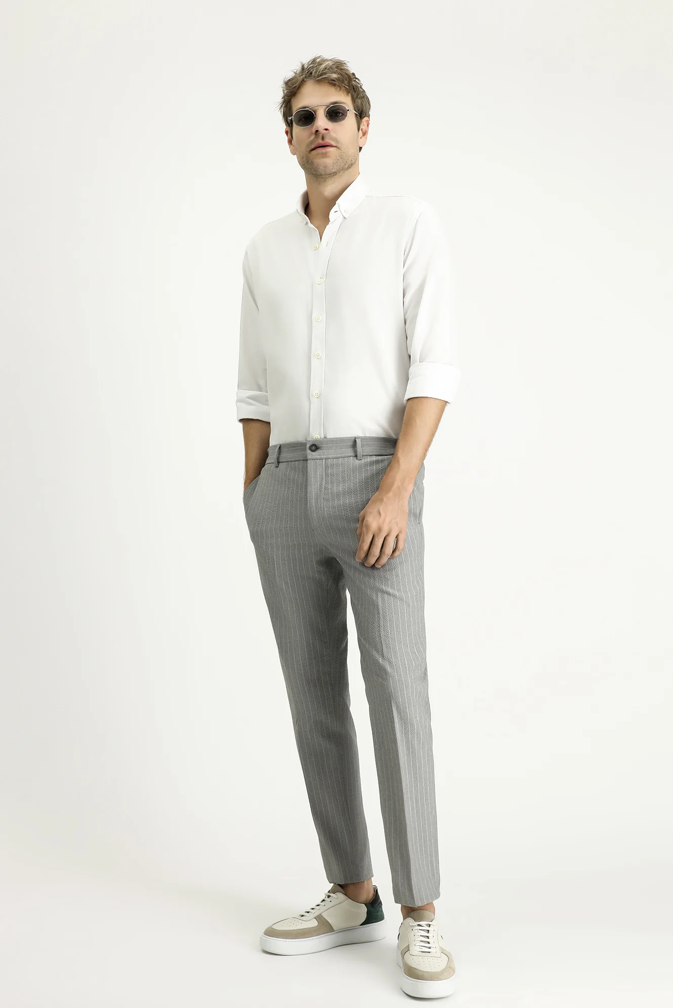 Orta Gri 7 Drop Slim Fit Dar Kesim Beli Lastikli Likralı Çizgili Klasik Kumaş Pantolon