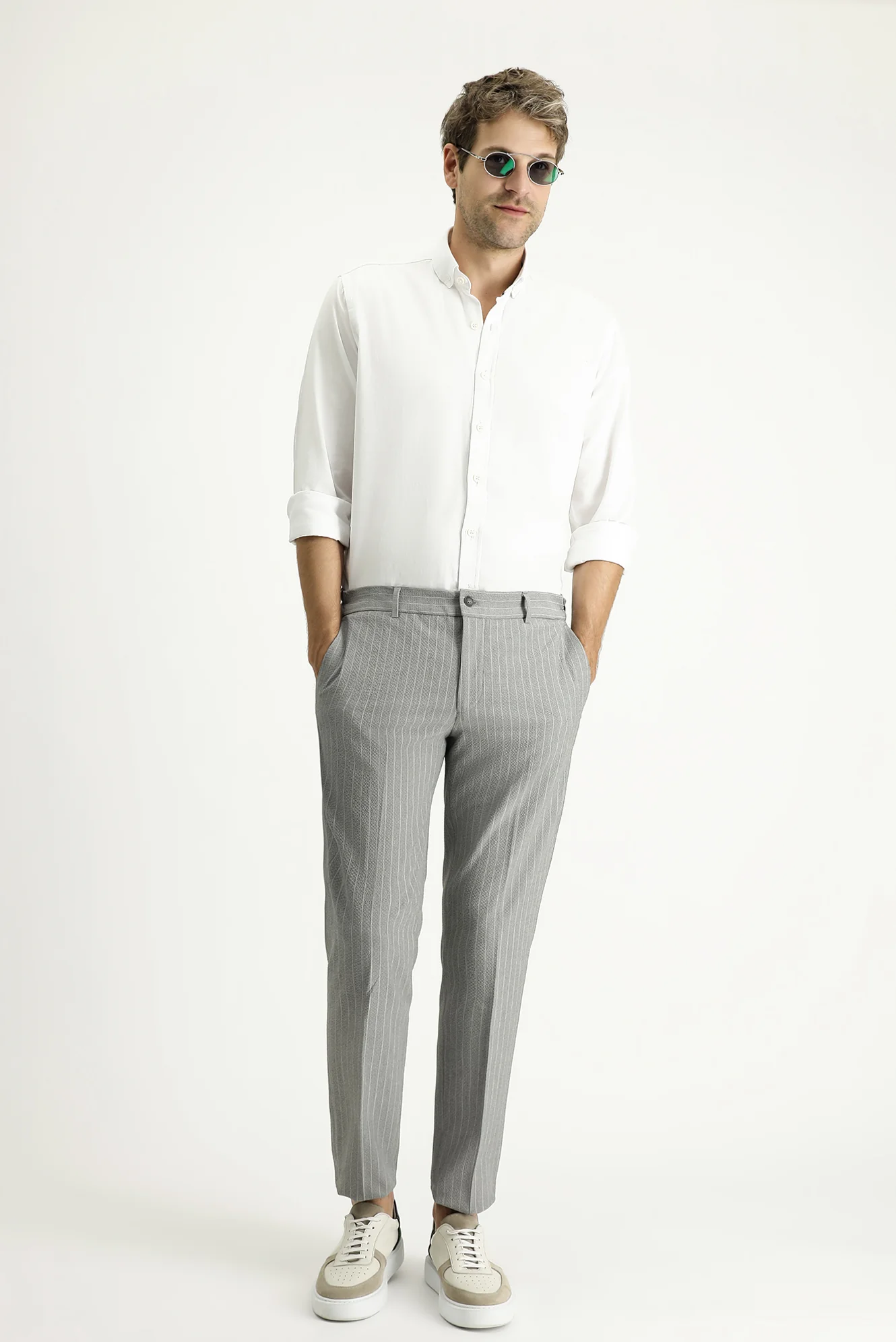 Orta Gri 7 Drop Slim Fit Dar Kesim Beli Lastikli Likralı Çizgili Klasik Kumaş Pantolon - Image 2