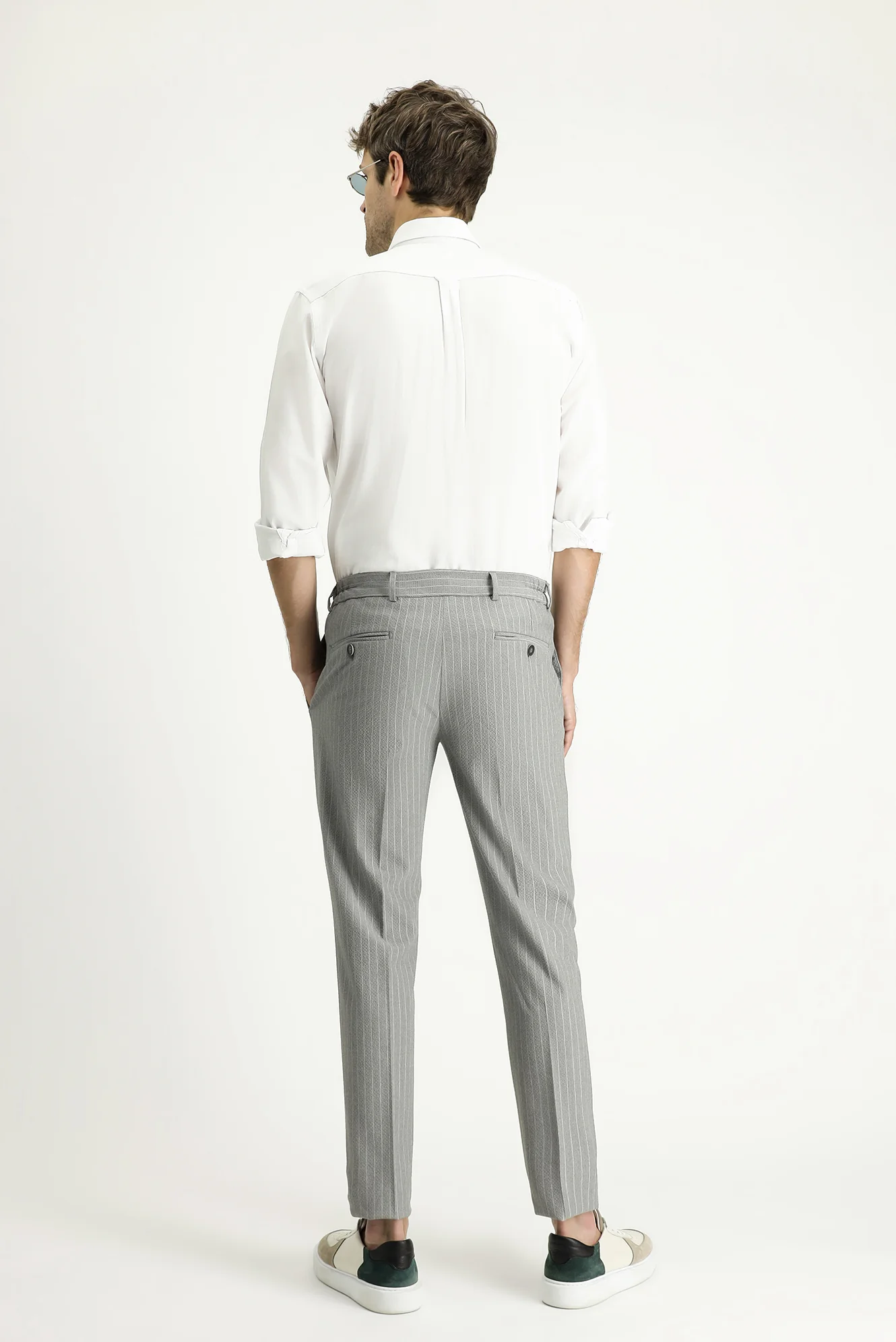 Orta Gri 7 Drop Slim Fit Dar Kesim Beli Lastikli Likralı Çizgili Klasik Kumaş Pantolon - Image 4