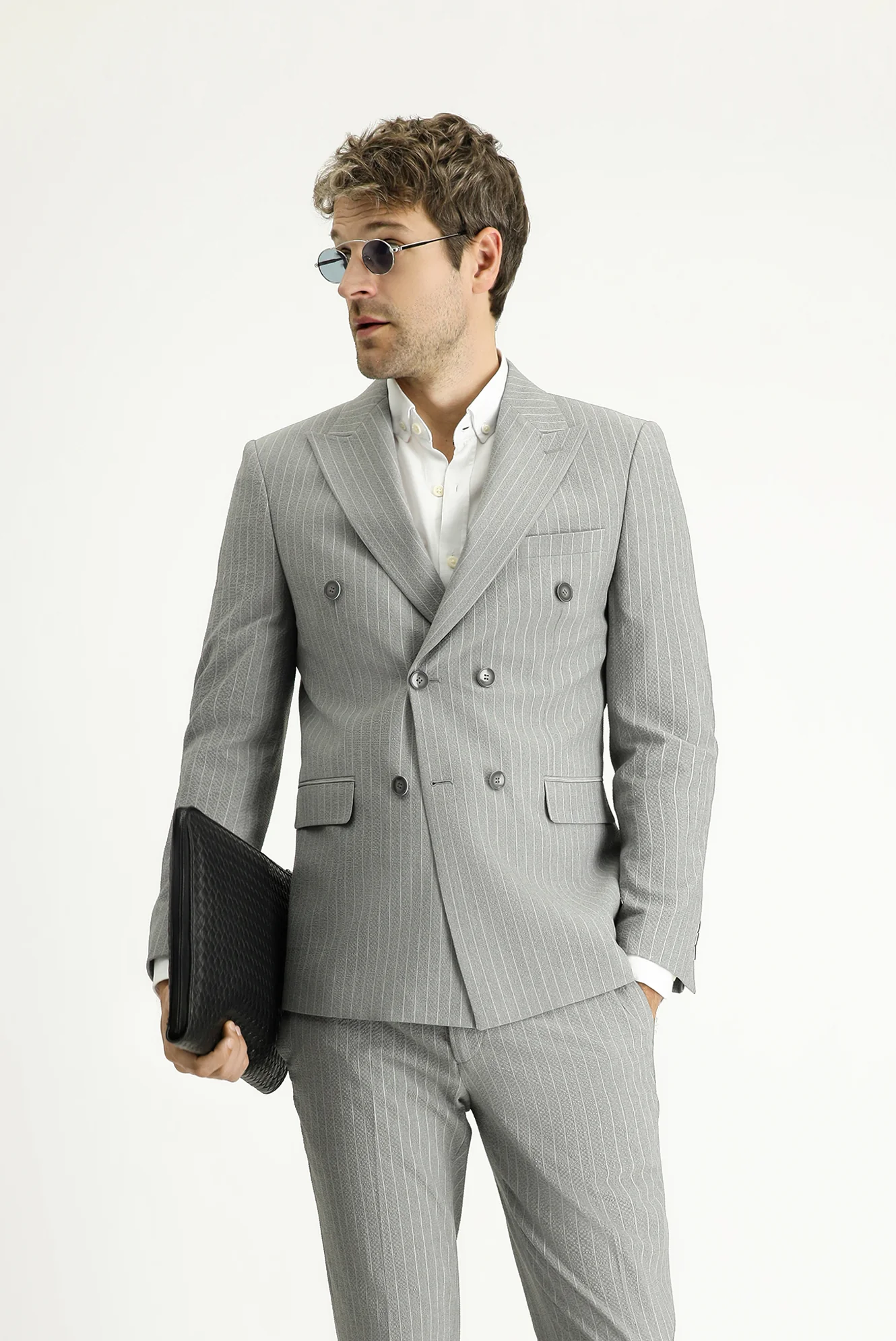 Orta Gri 7 Drop Slim Fit Dar Kesim Çizgili Kruvaze Ceket